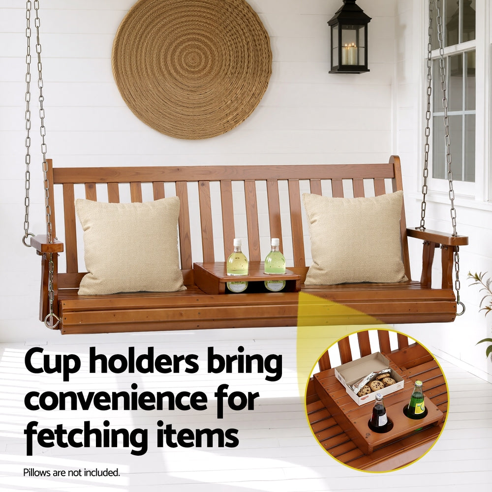 Gardeon Porch Outdoor Swing Chair Patio Furniture Wooden Bench 2 Seat Cup Holder
