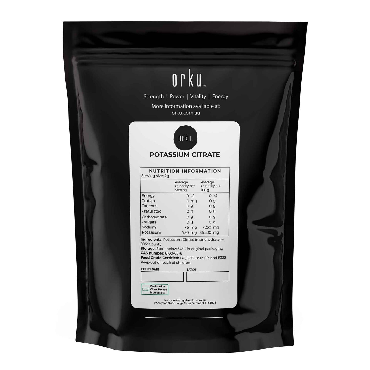 Orku 100g Potassium Citrate Food Grade - Granular BP USP FCC E332 Additive