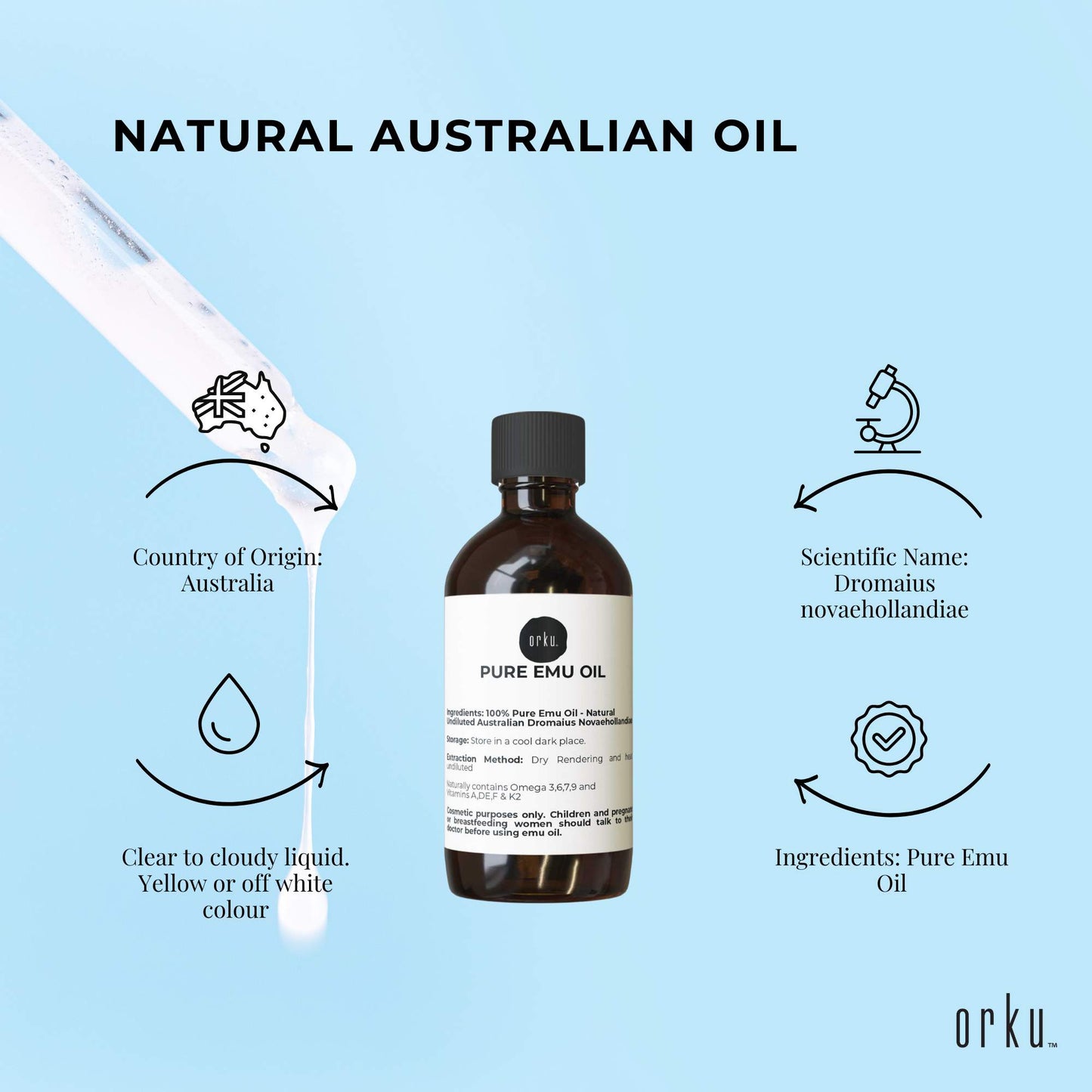 Orku 100ml Pure Emu Oil - Natural Undiluted Australian Dromaius Novaehollandiae