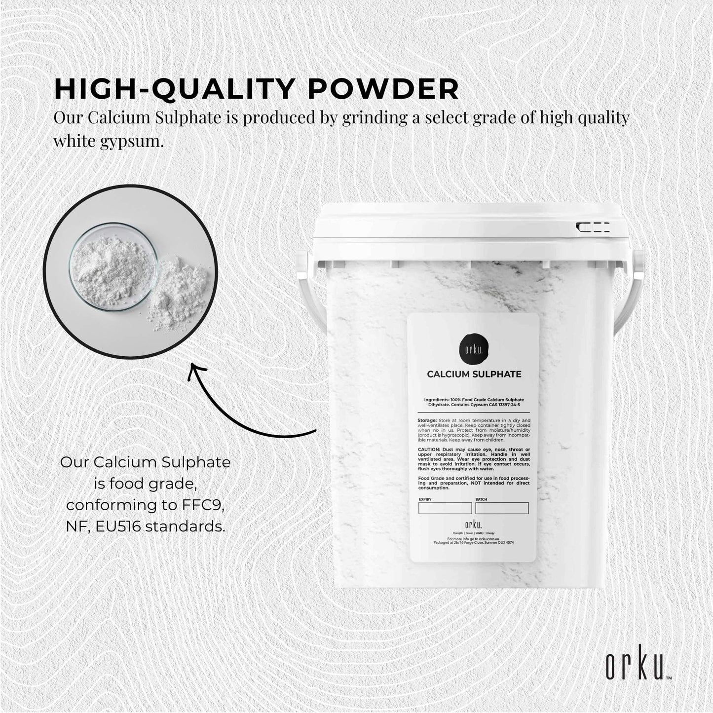 Orku 1Kg Fine Calcium Sulphate Gypsum Powder Tub - Dihydrate Food Grade FCC E516