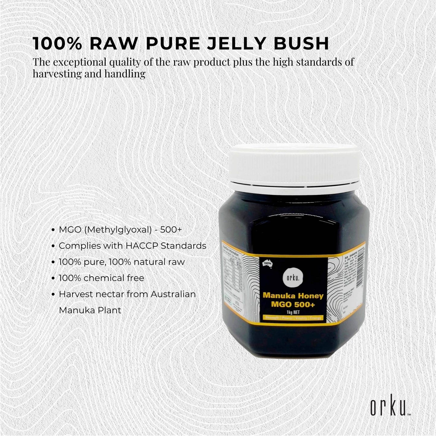 Orku 1Kg MGO 500+ Australian Manuka Honey - 100% Raw Natural Pure Jelly Bush