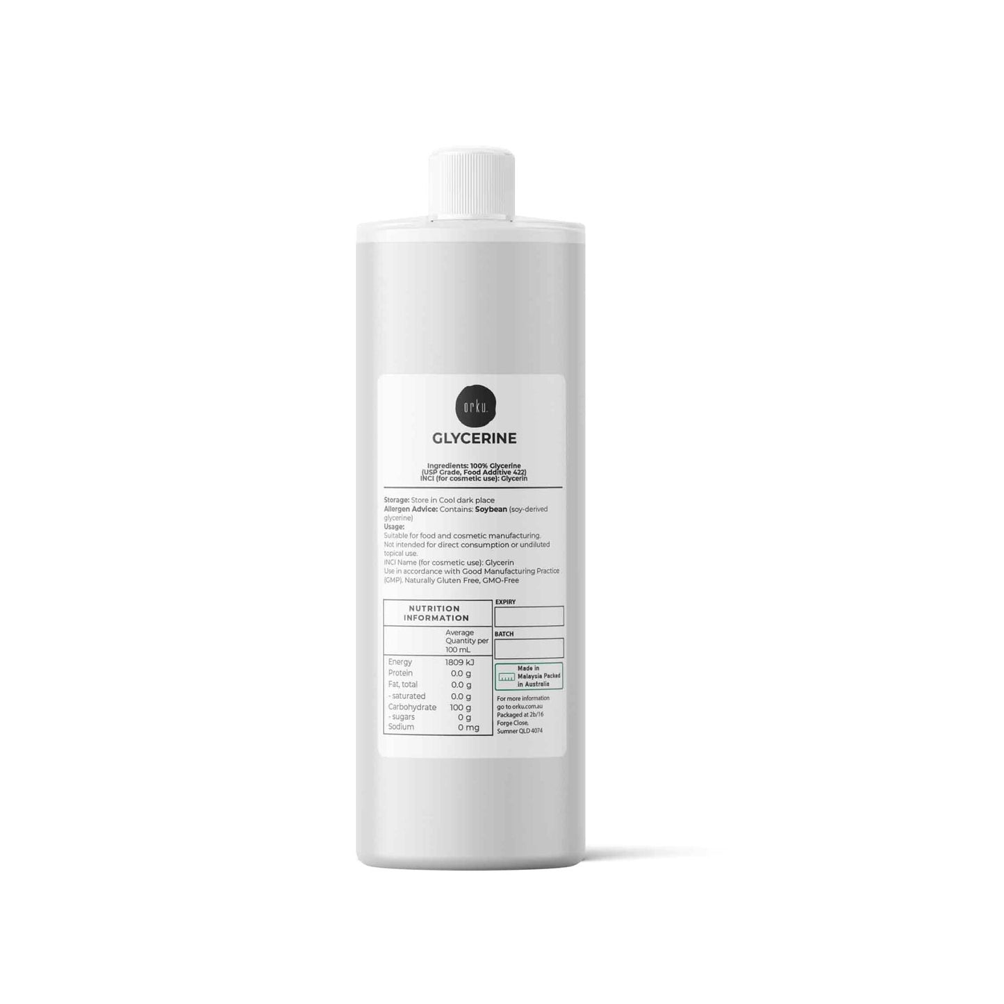 Orku 1L Glycerine 99.9% Pure USP Food + Cosmetic Grade – Vegetable Glycerol