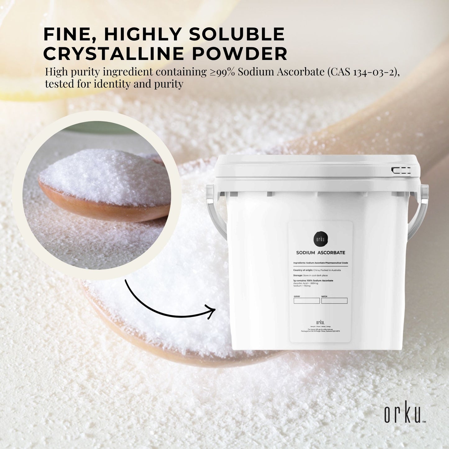 Orku 1.2Kg Sodium Ascorbate Tub - High Purity Soluble Crystalline Powder