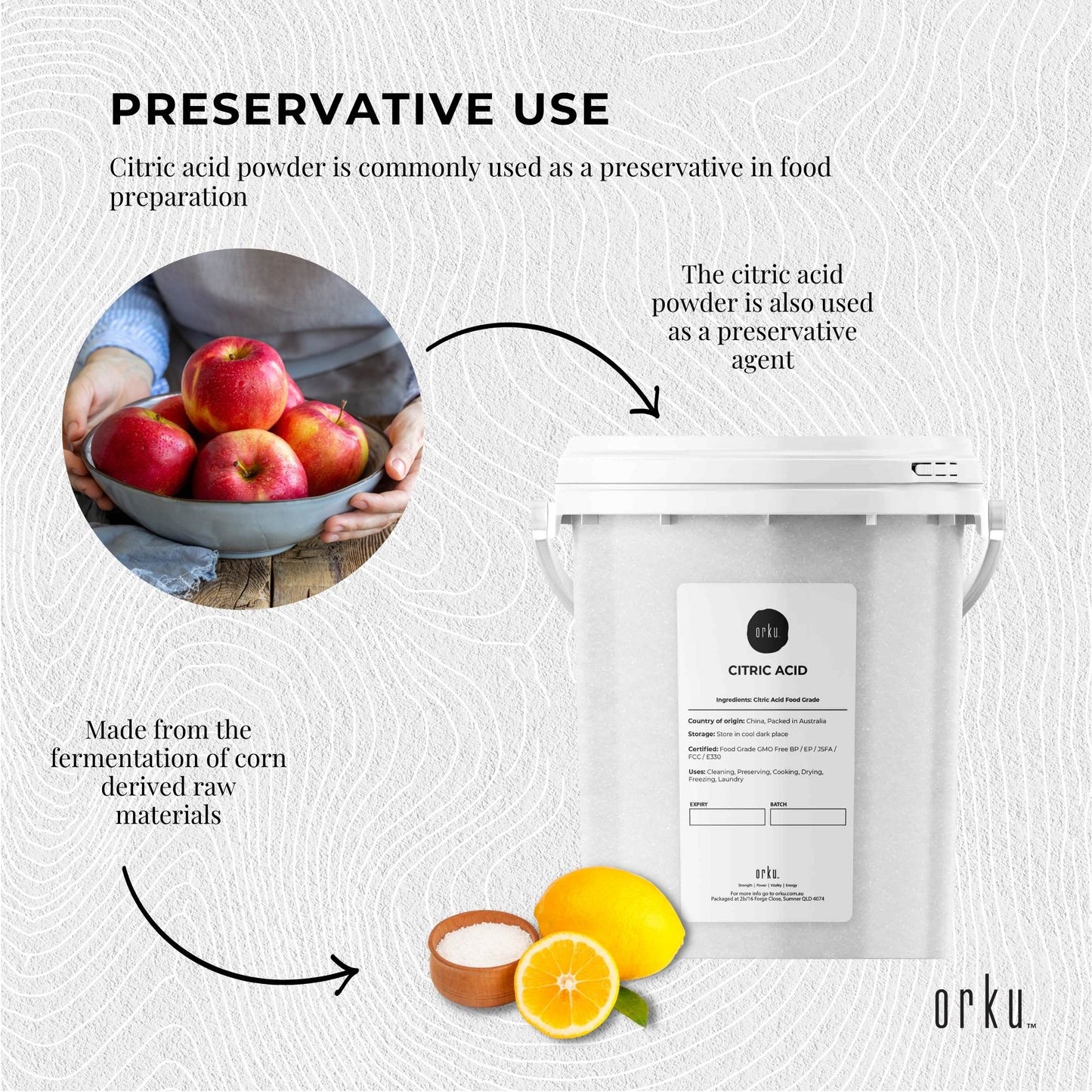 Orku 1.3Kg Citric Acid Powder Tub - Food Grade Non GMO Anhydrous Preservative E330