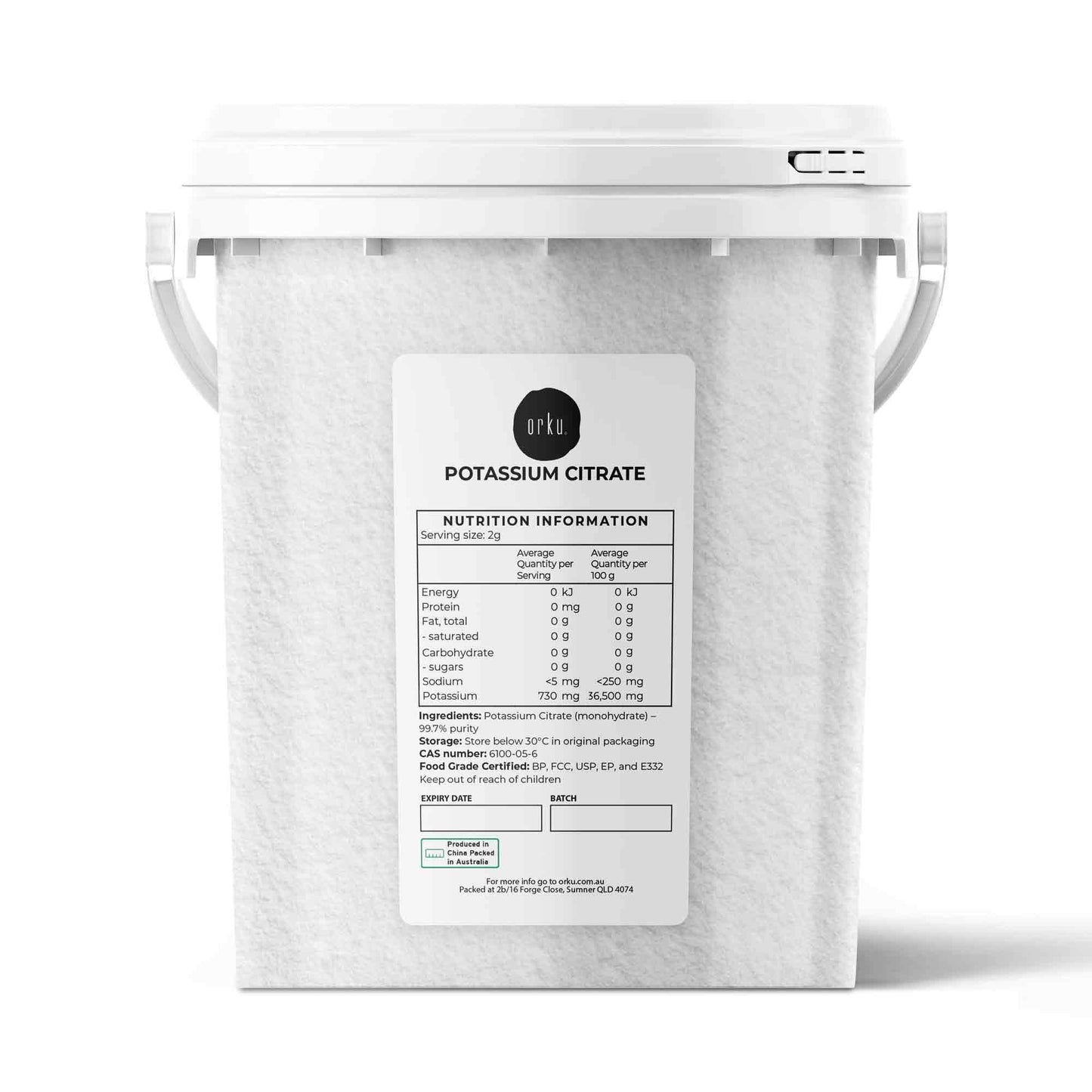 Orku 1.3Kg Potassium Citrate Food Grade Tub - Granular BP USP FCC E332 Additive