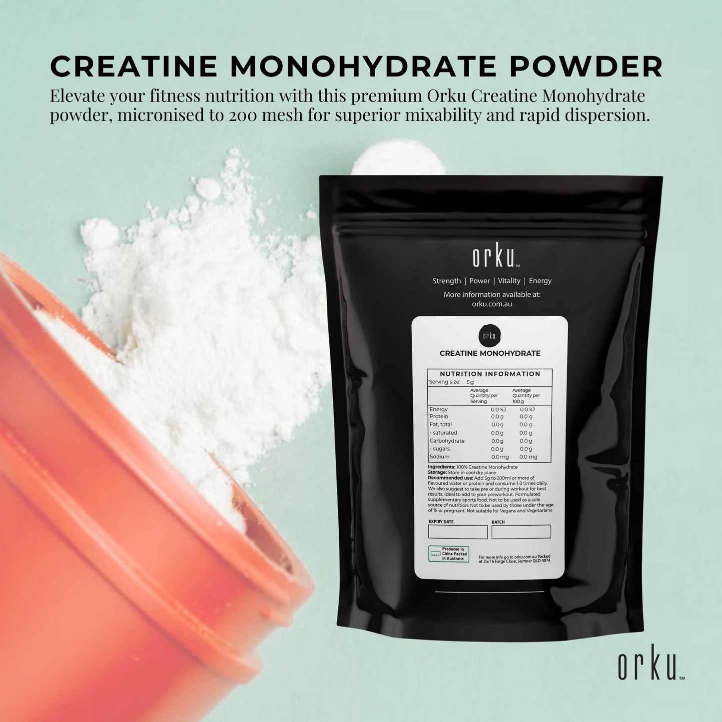 Orku 1Kg Creatine Monohydrate Powder - 200 Mesh Micronised | 99.9% Purity