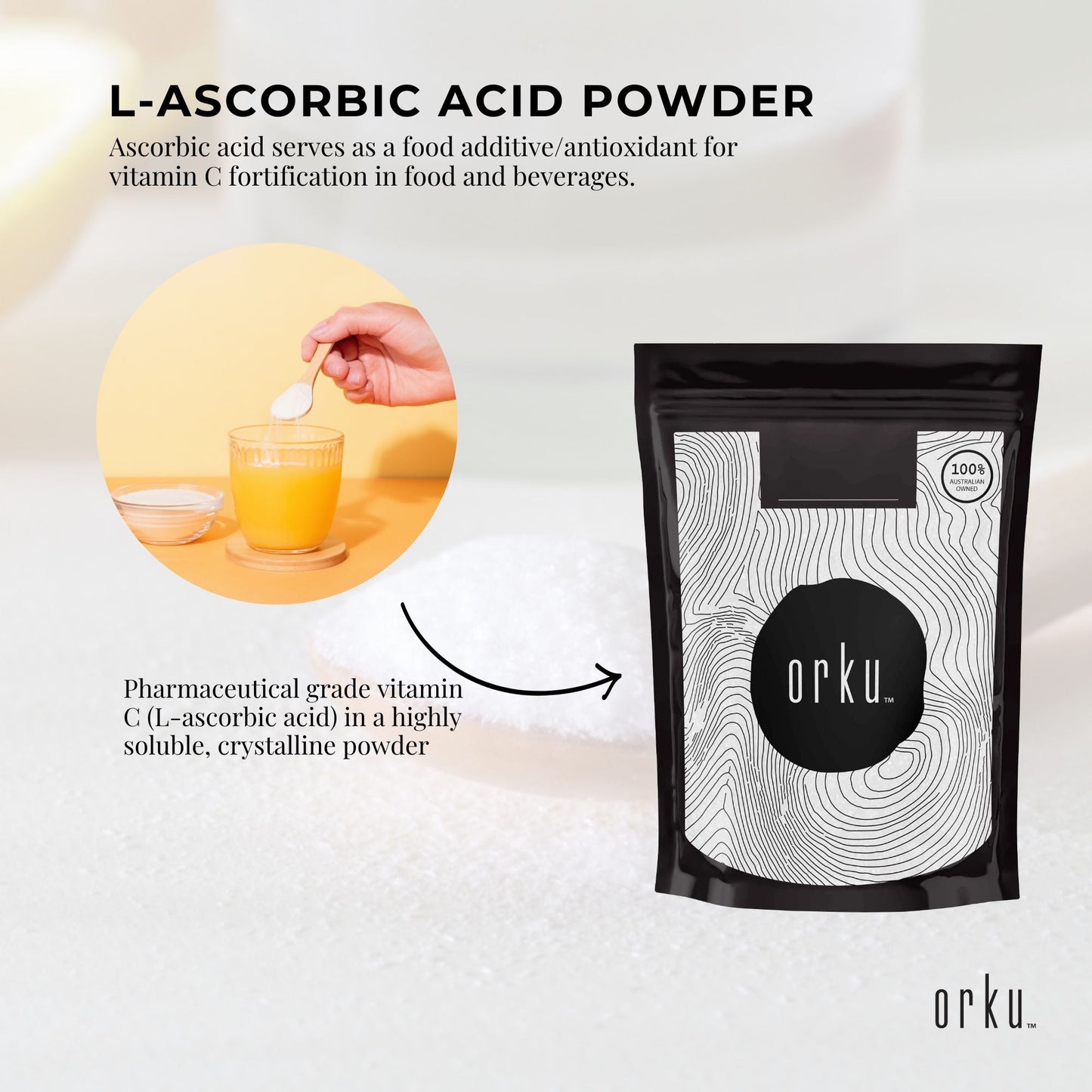 Orku 1Kg Vitamin C Powder Pure L-Ascorbic Acid - USP Grade Non-GMO