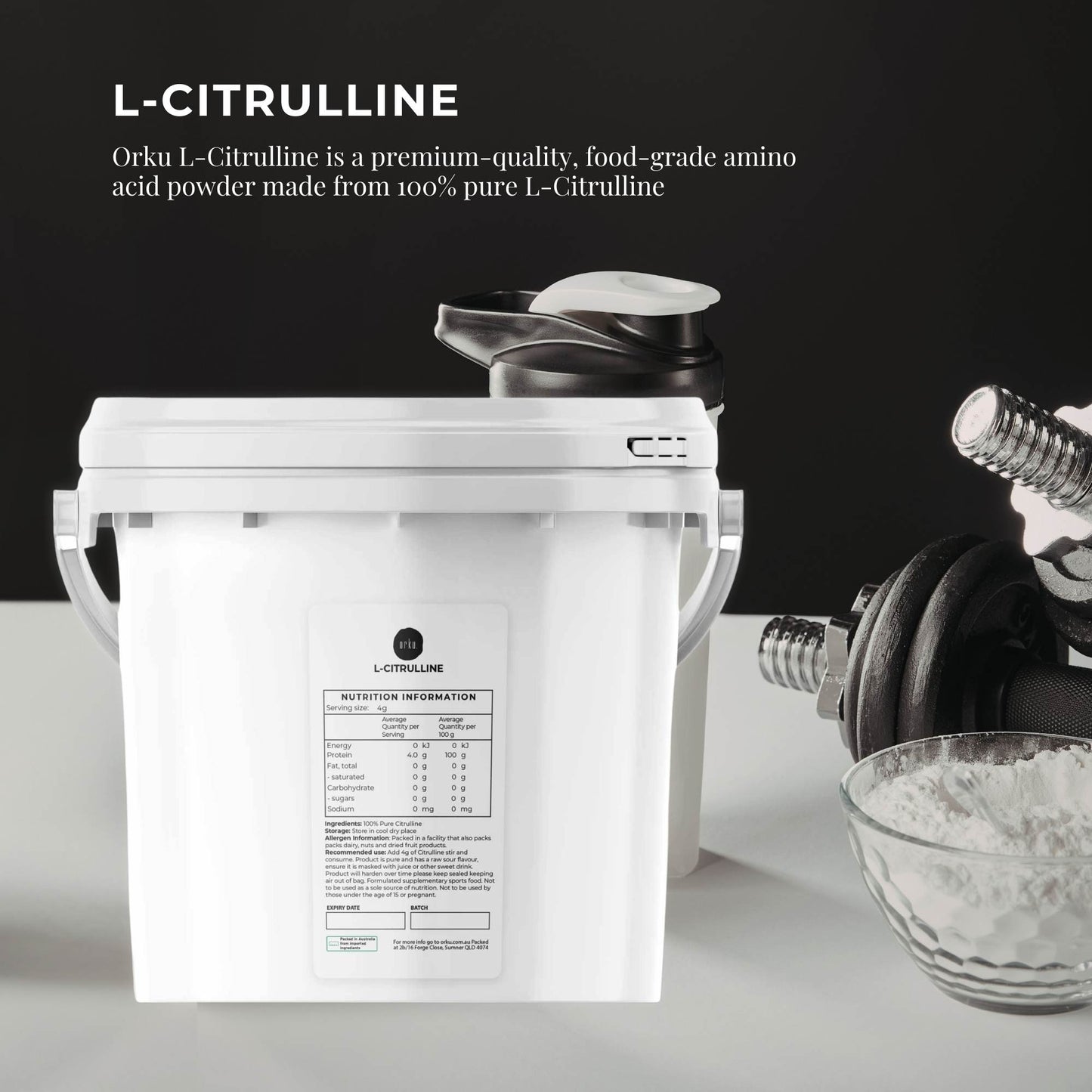 Orku 3Kg L-Citrulline Powder Buckets - 100 % Pure Food Grade Amino Acid