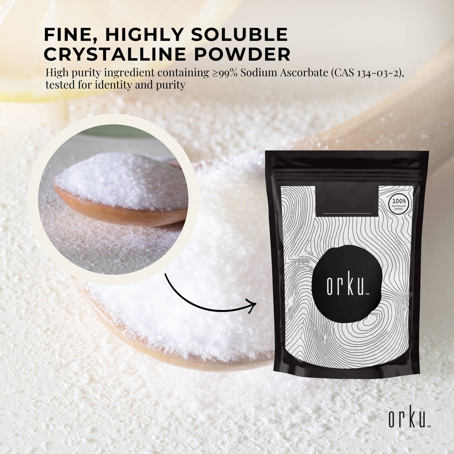 Orku 400g Sodium Ascorbate - High Purity Soluble Crystalline Powder Ingredient