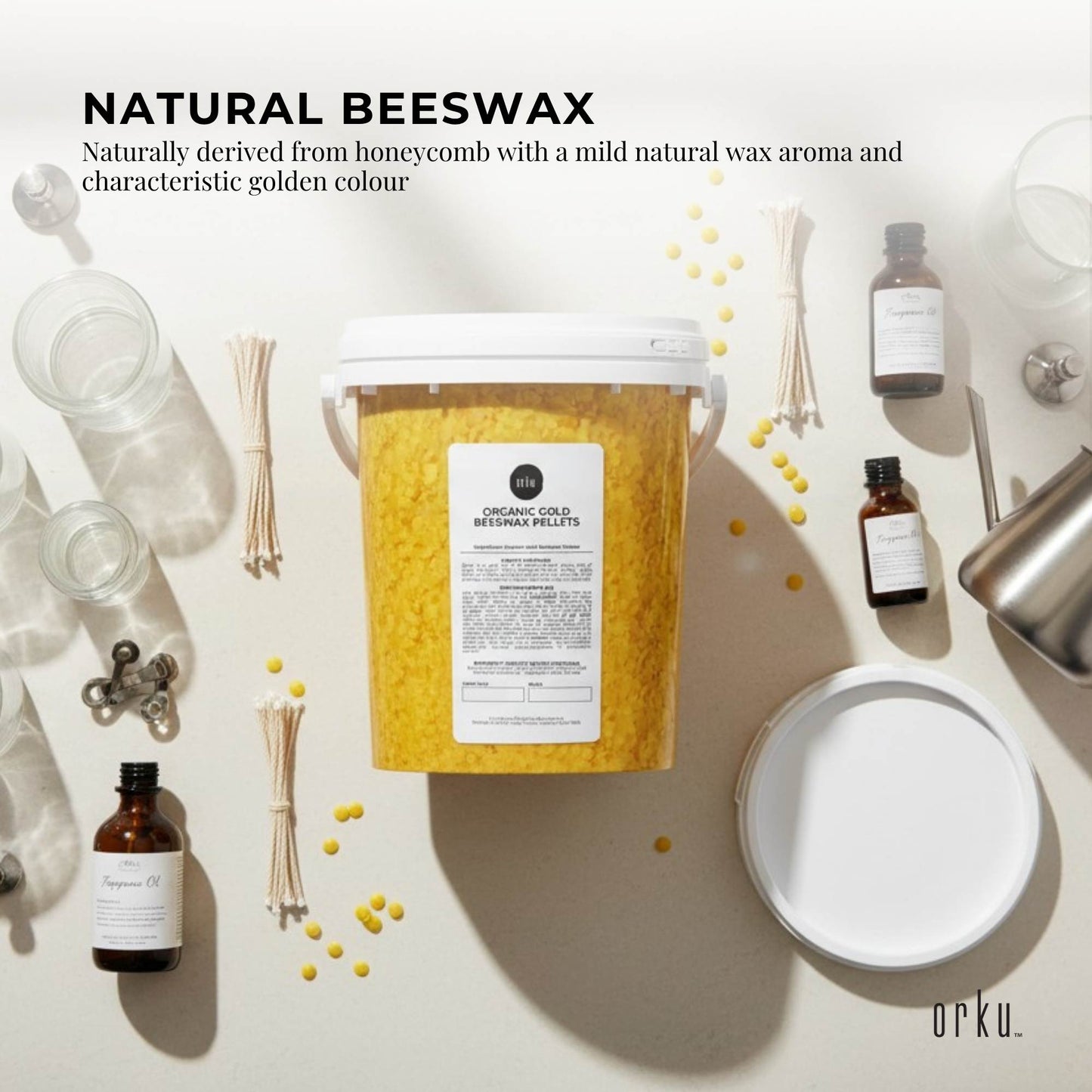 Orku 500g Organic Beeswax Pellets Yellow Tub - Cosmetic Grade Bees Wax Pastilles