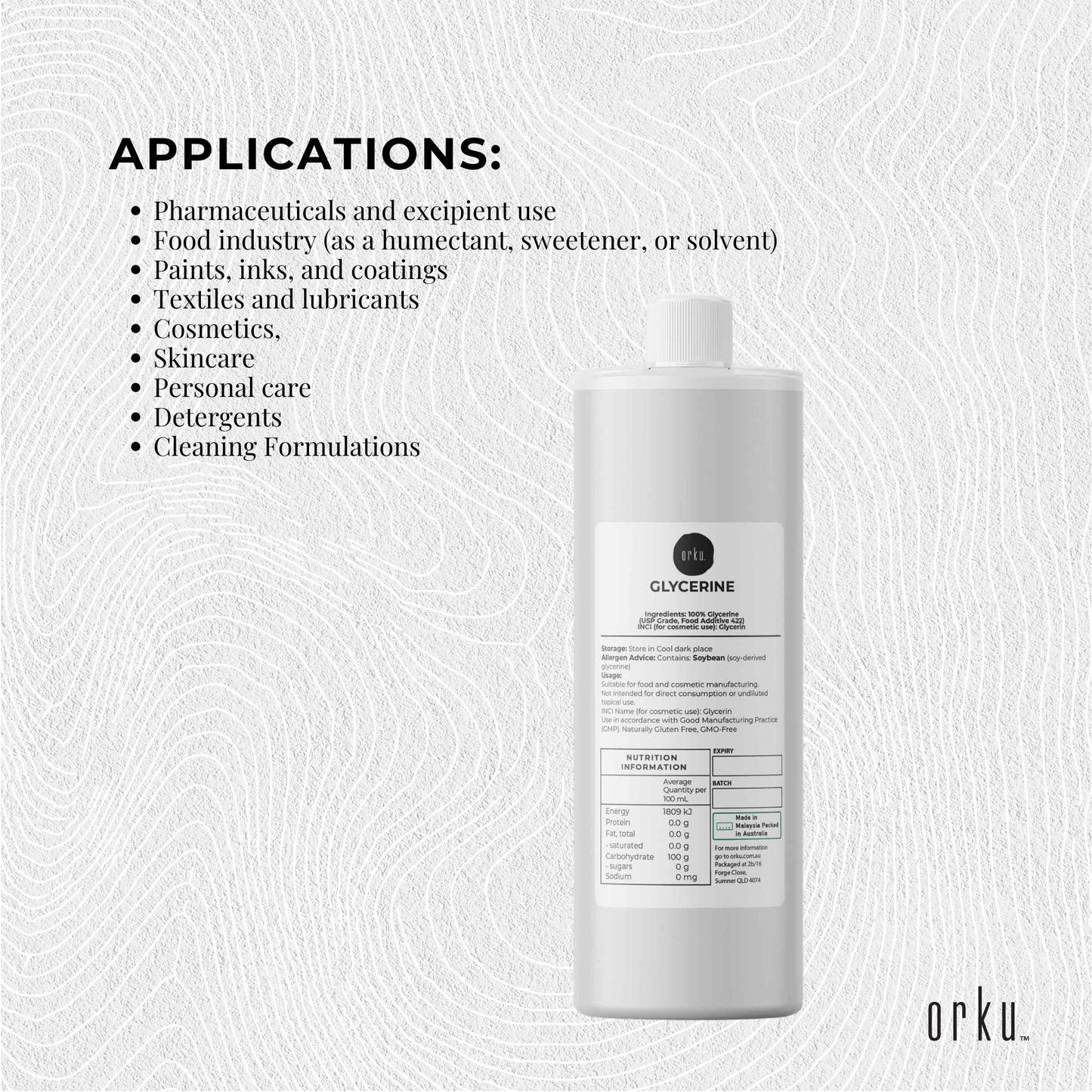 Orku 500ml Glycerine 99.9% Pure USP Food + Cosmetic Grade – Vegetable Glycerol