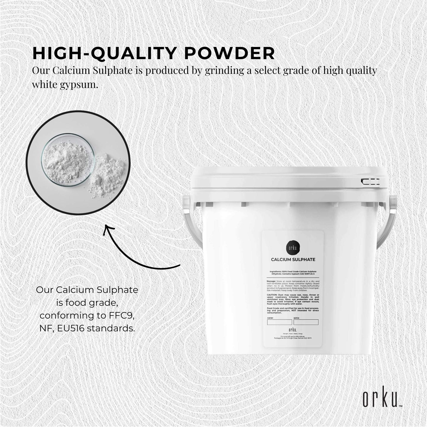 Orku 5Kg Fine Calcium Sulphate Gypsum Powder Tub - Dihydrate Food Grade FCC E516