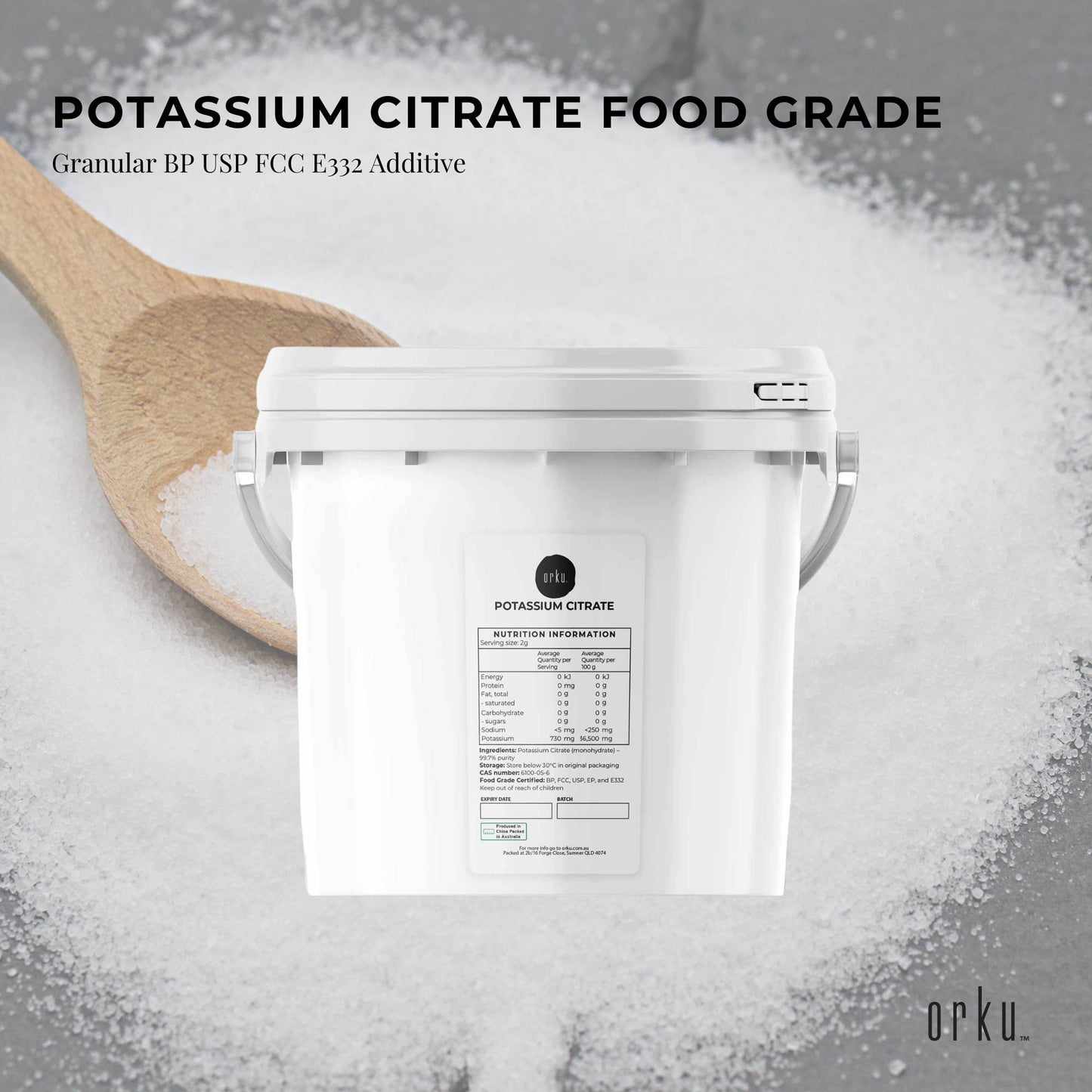 Orku 5Kg Potassium Citrate Food Grade Tub - Granular BP USP FCC E332 Additive