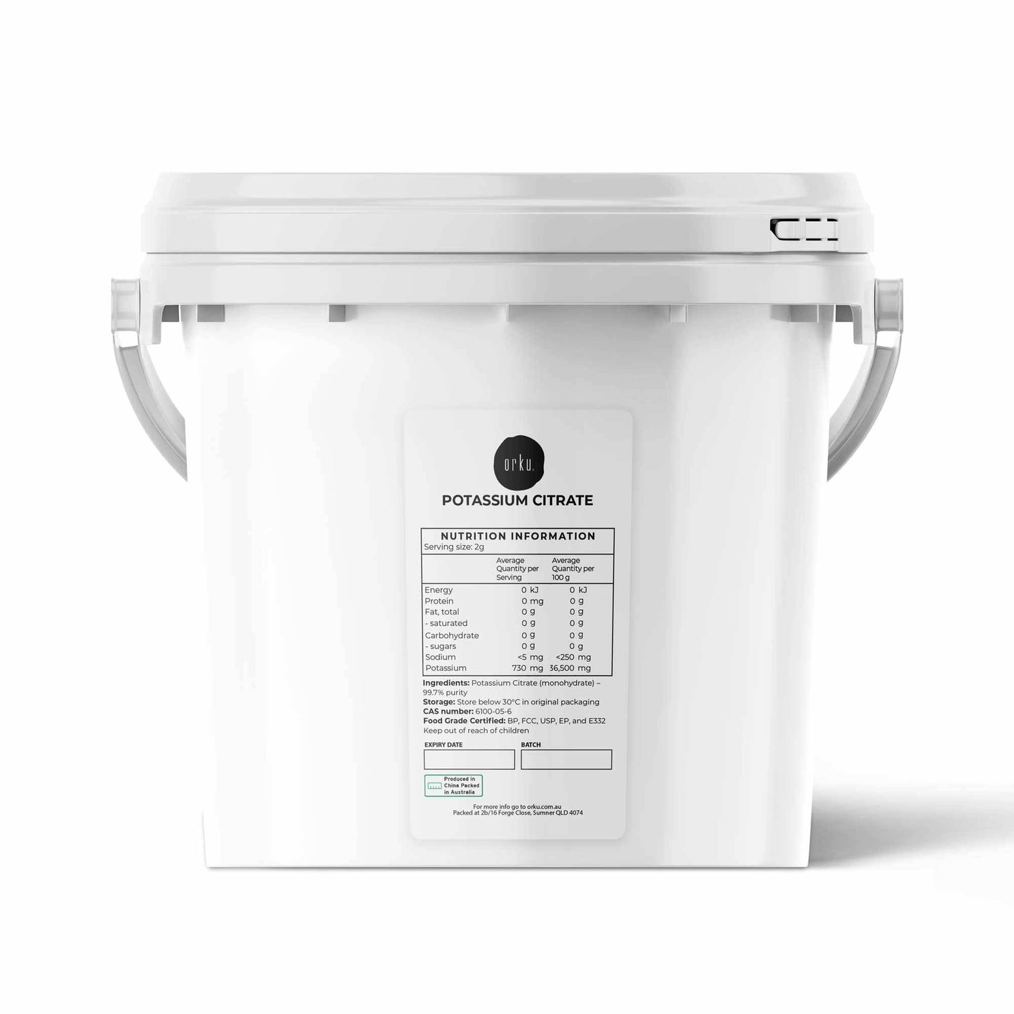 Orku 5Kg Potassium Citrate Food Grade Tub - Granular BP USP FCC E332 Additive
