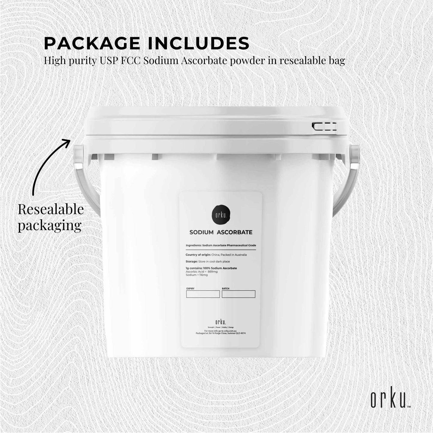 Orku 5Kg Sodium Ascorbate Tub - High Purity Soluble Crystalline Powder