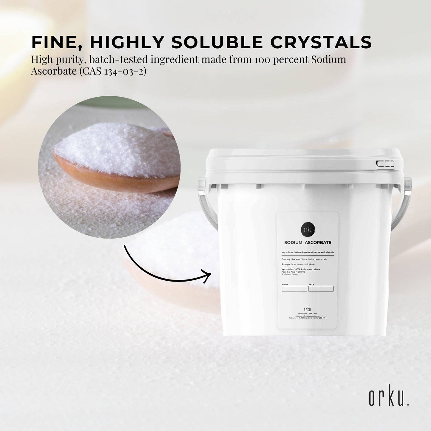 Orku 5Kg Sodium Ascorbate Tub - High Purity Soluble Crystalline Powder