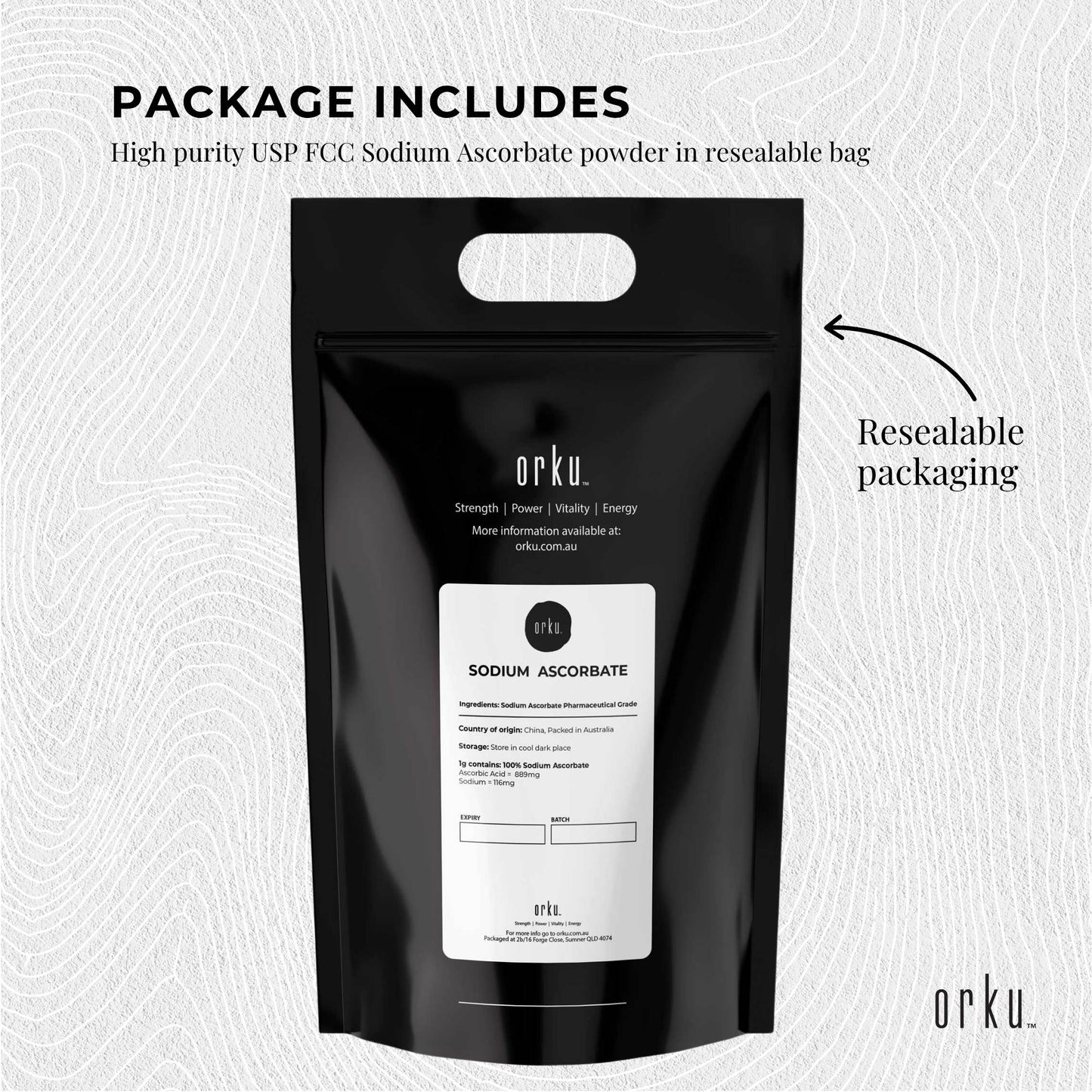Orku 5kg Sodium Ascorbate - High Purity Soluble Crystalline Powder Ingredient
