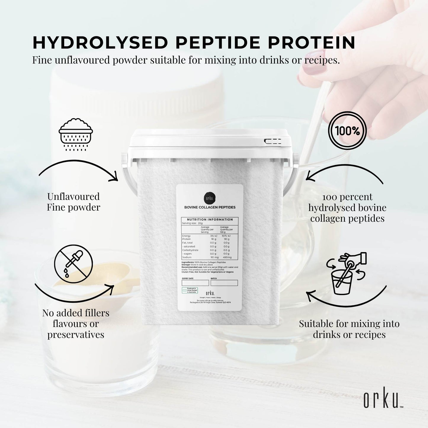 Orku 600g Bovine Collagen Peptides Powder Tub Hydrolysed Protein