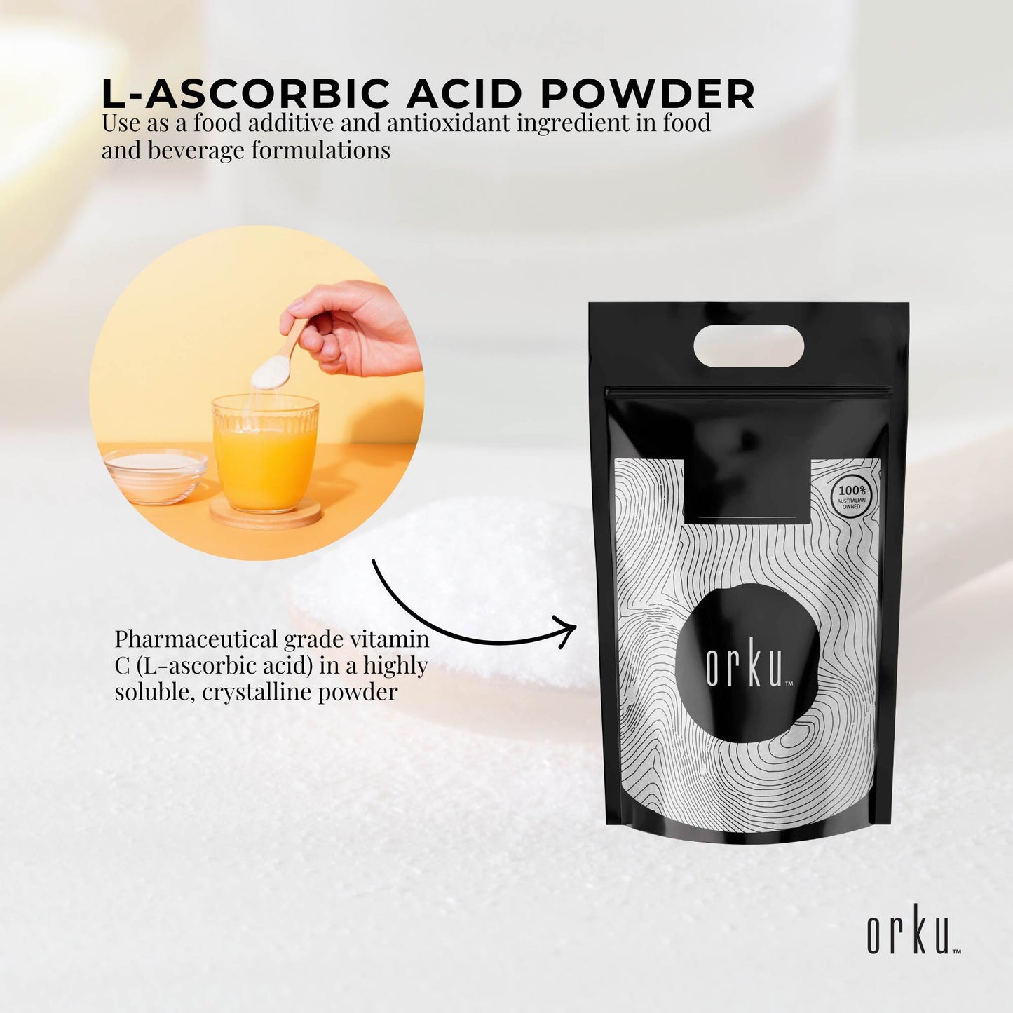Orku Bulk 20Kg Vitamin C Powder Pure L-Ascorbic Acid - USP Grade Non-GMO
