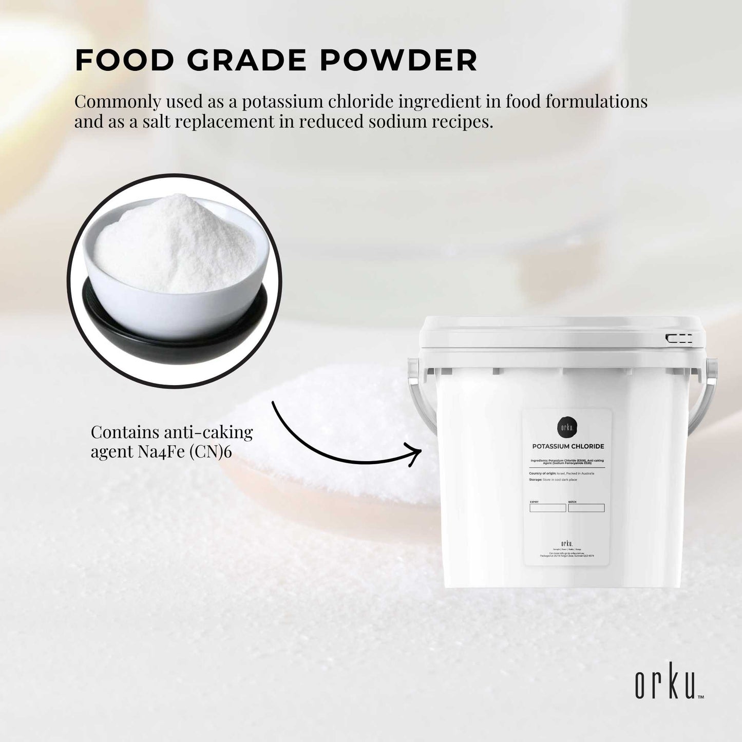 Orku Bulk Potassium Chloride Powder (KCl) Tub - Food Grade E508 Salt Substitute