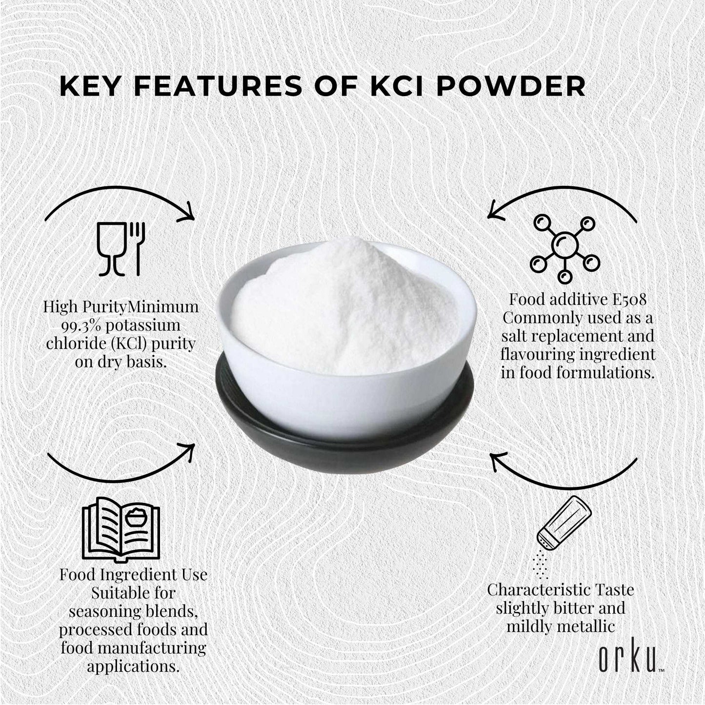 Orku Bulk Potassium Chloride Powder (KCl) Tub - Food Grade E508 Salt Substitute