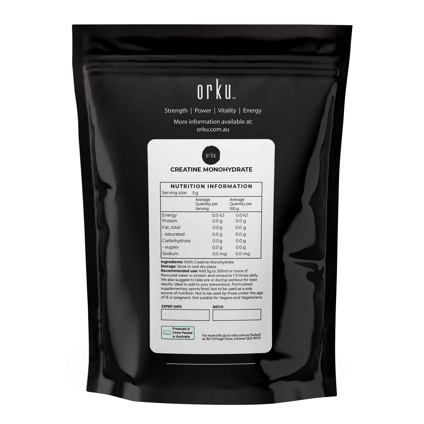 Orku Creatine Monohydrate Powder – 200 Mesh Micronised | 99.9% Purity