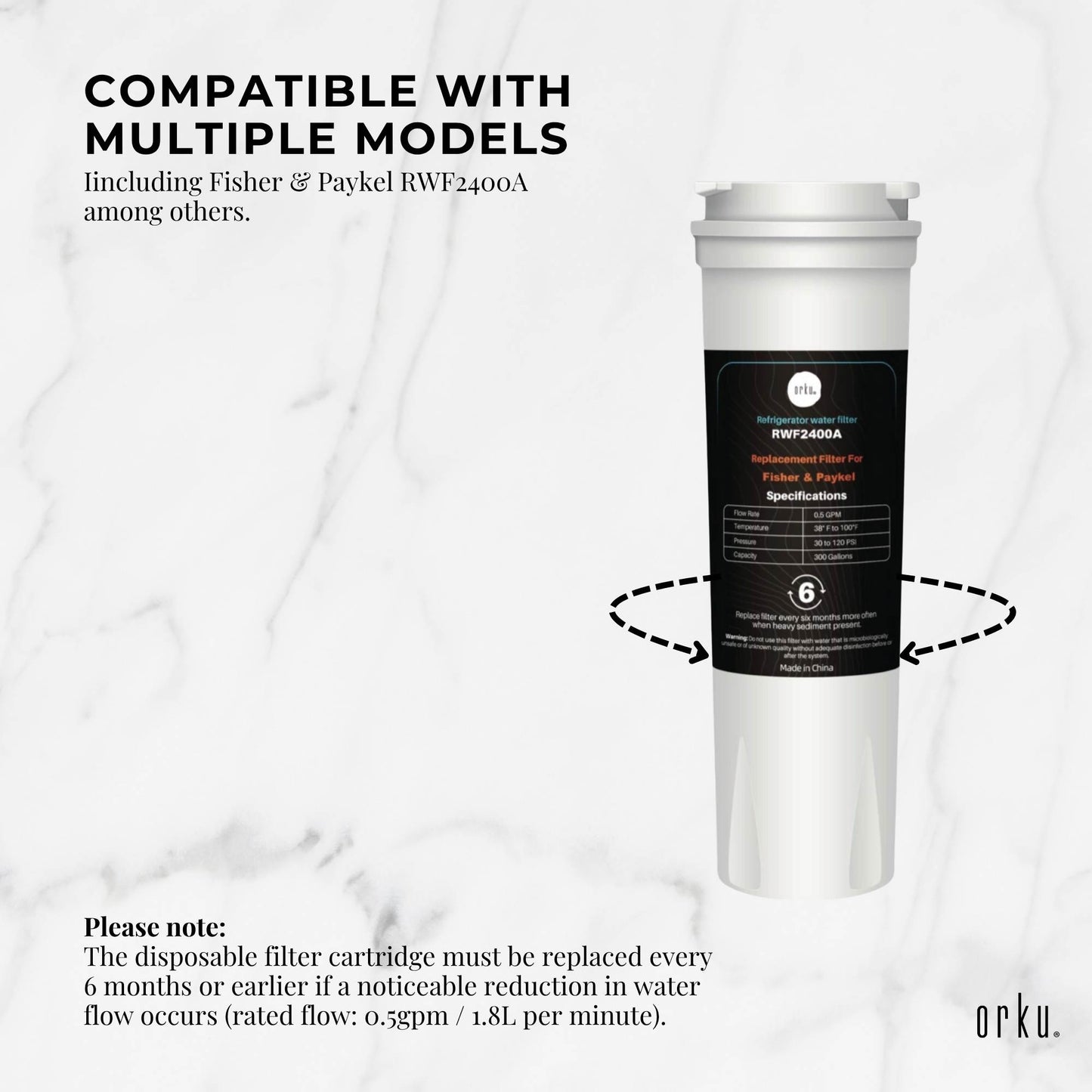 Orku Fridge Water Filter Cartridge for Fisher & Paykel RWF2400A 836848 836860