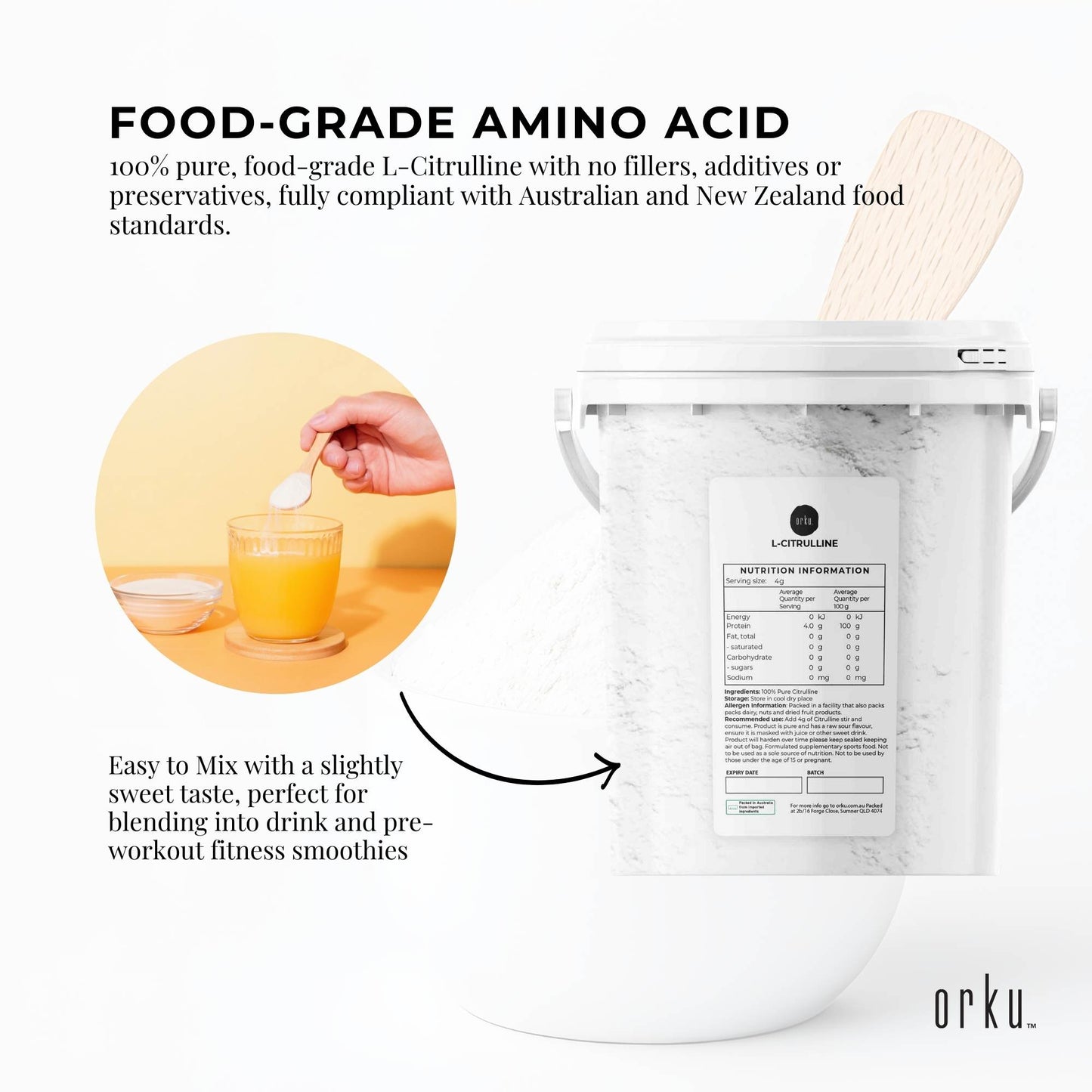 Orku L-Citrulline Powder Buckets - 100 % Pure Food Grade Amino Acid
