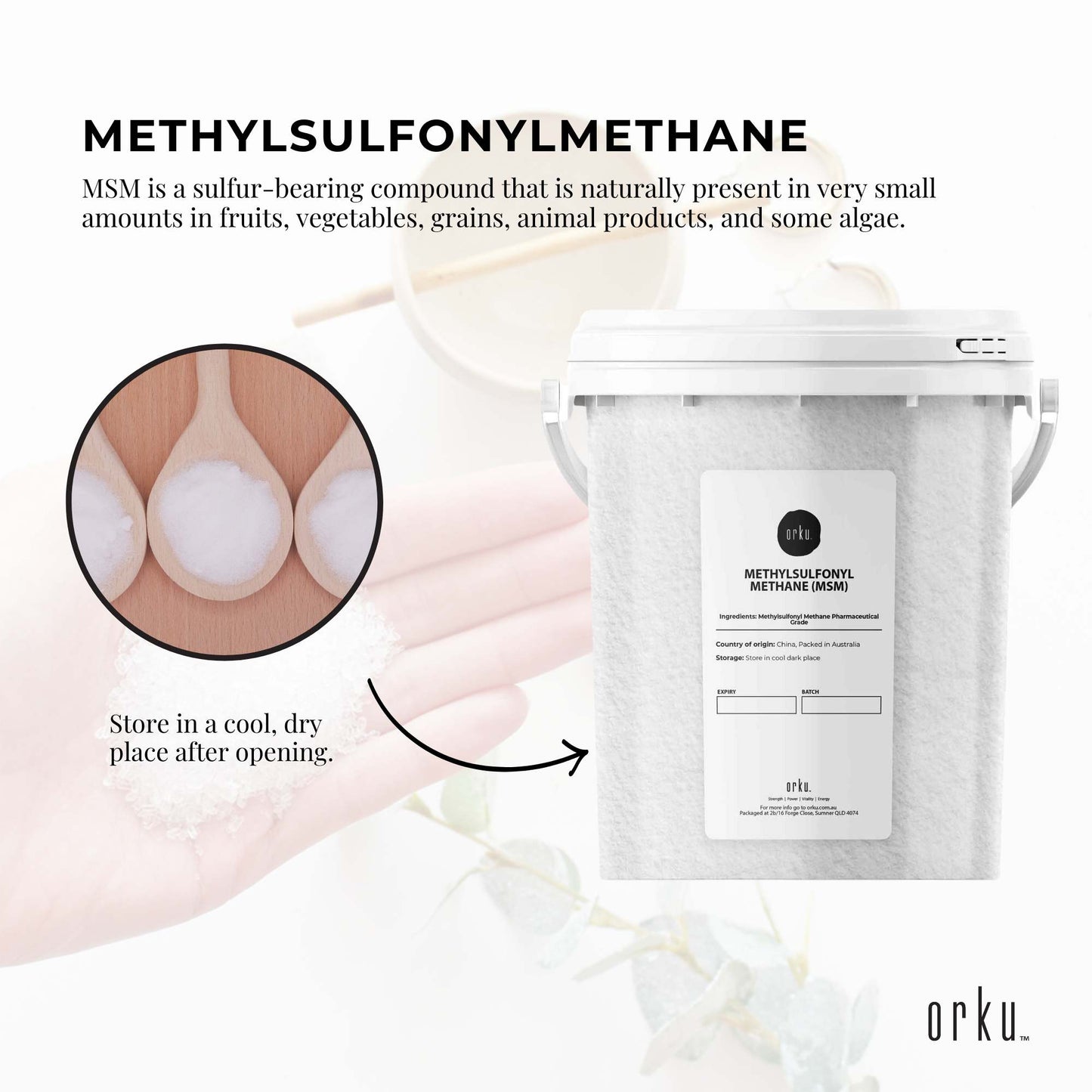 Orku MSM Powder or Crystals Bucket - 99.9% Pure USP Grade Methylsulfonylmethane