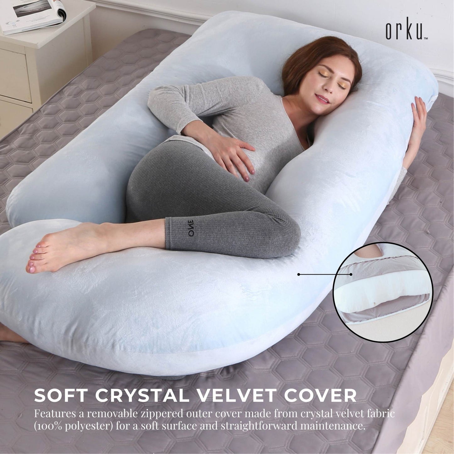 Orku Maternity Pregnancy Pillow - J-Shape Full Length for Side Sleepers Grey