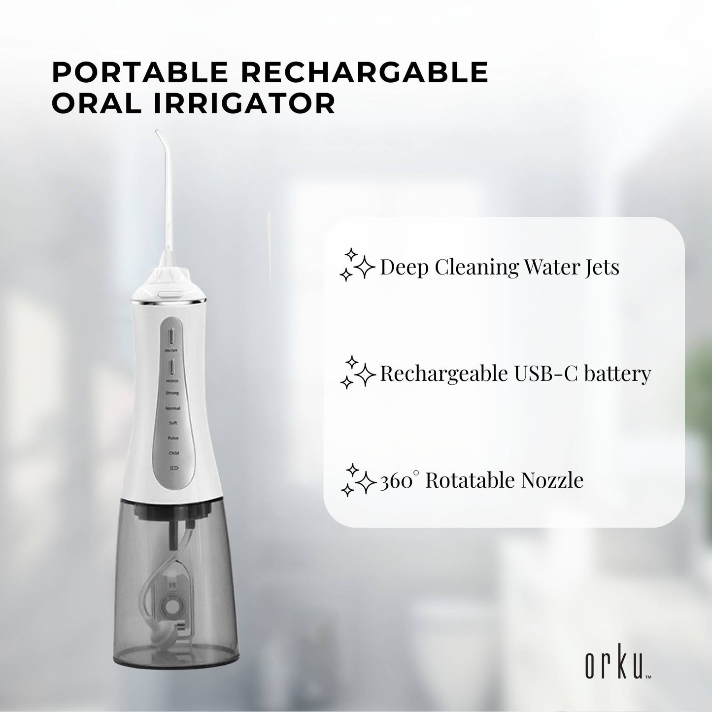 Orku Portable Oral Irrigator Flosser 350ml - Rechargeable Teeth Cleaner
