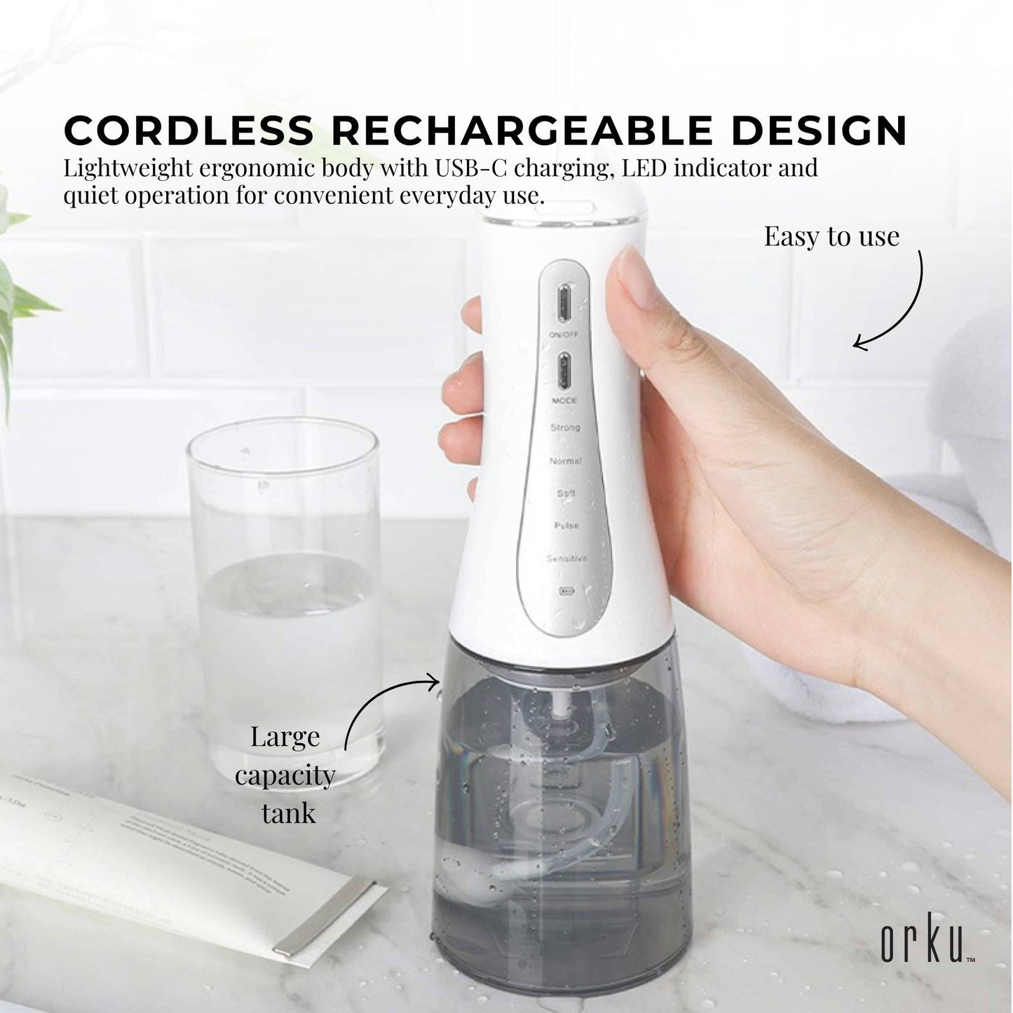Orku Portable Oral Irrigator Flosser 350ml - Rechargeable Teeth Cleaner