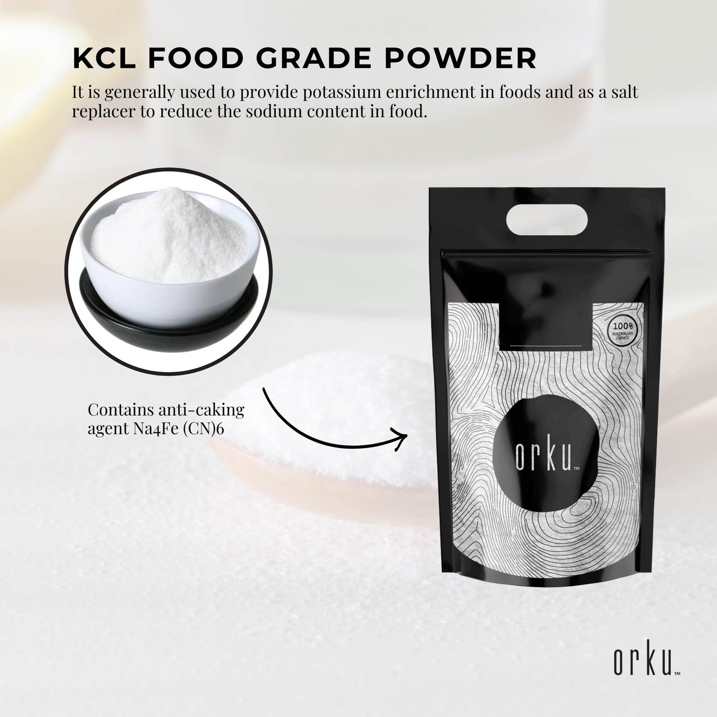 Orku Potassium Chloride Powder - Pure KCL E508 Food Grade Salt Replacer Bulk