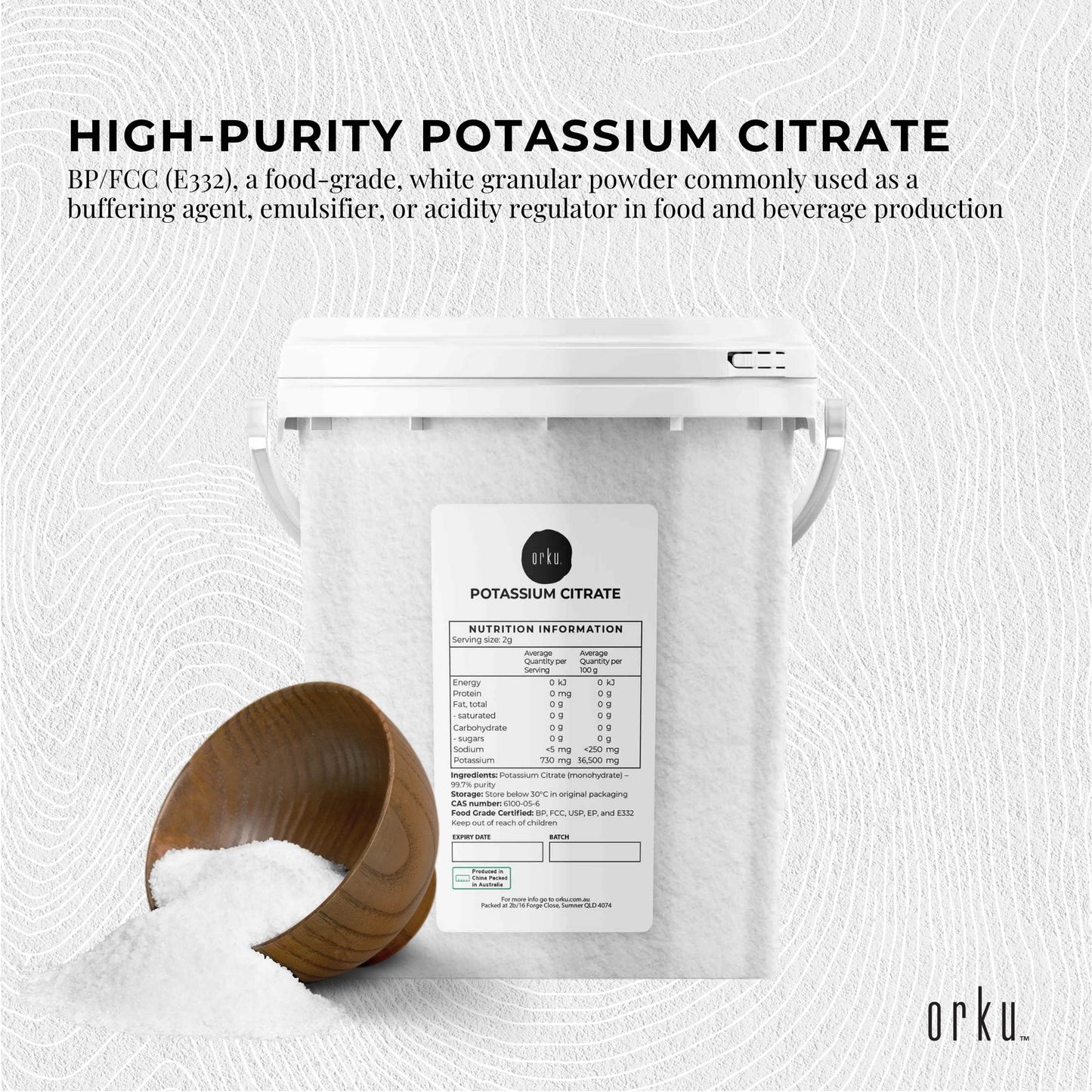 Orku Potassium Citrate Food Grade Tubs - Granular BP USP FCC E332 Additive