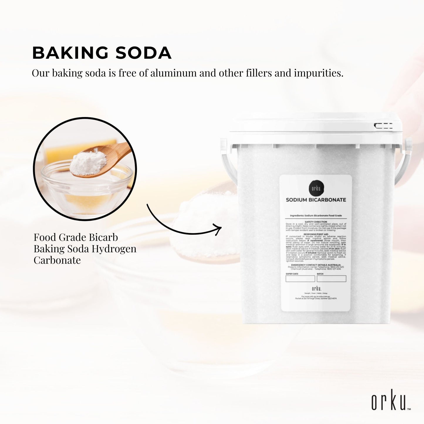 Orku 1.3Kg Sodium Bicarbonate Food Grade Tub Baking Soda Aluminium Free Powder