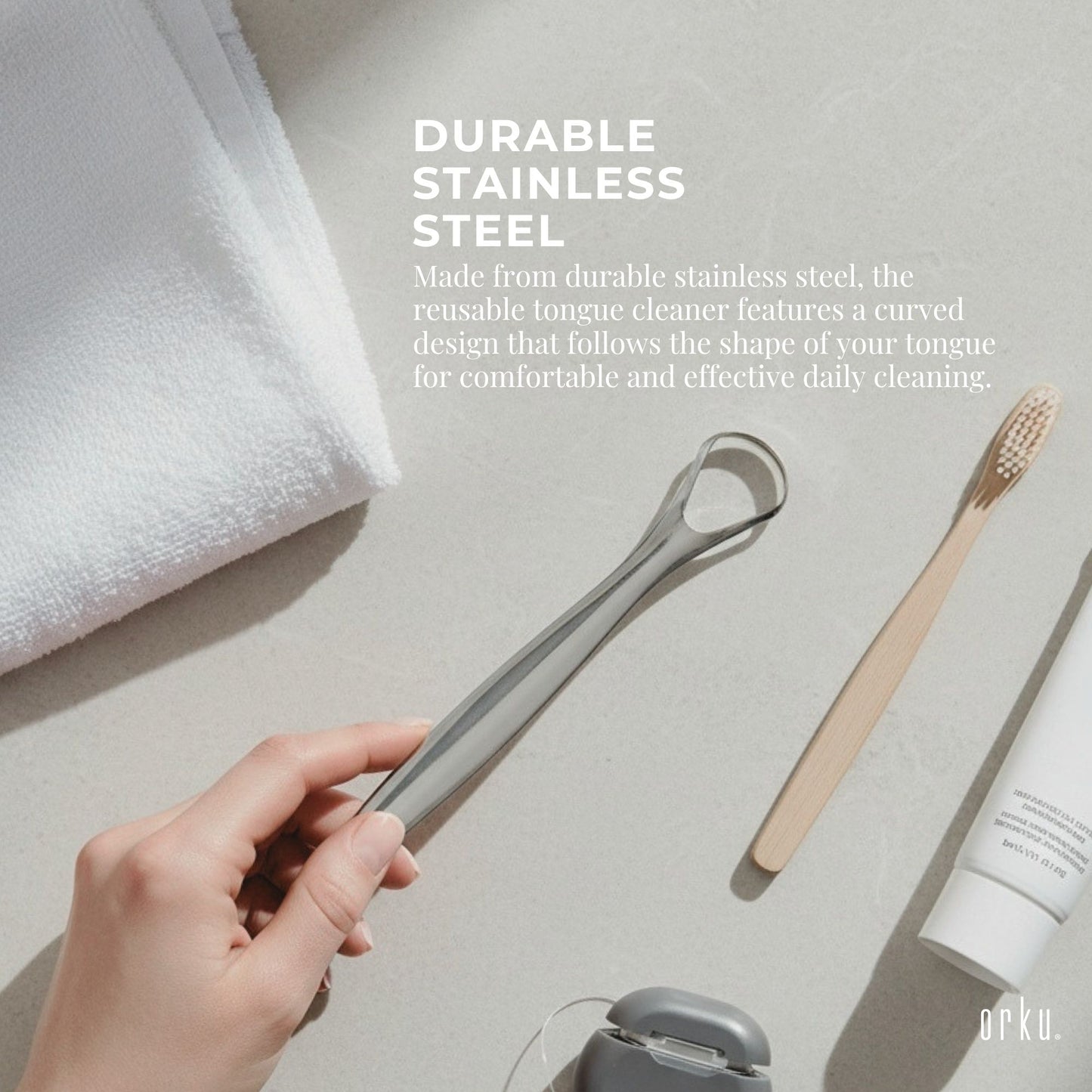 Orku Stainless Steel Tongue Scraper - Oral Hygiene Cleaner Silver