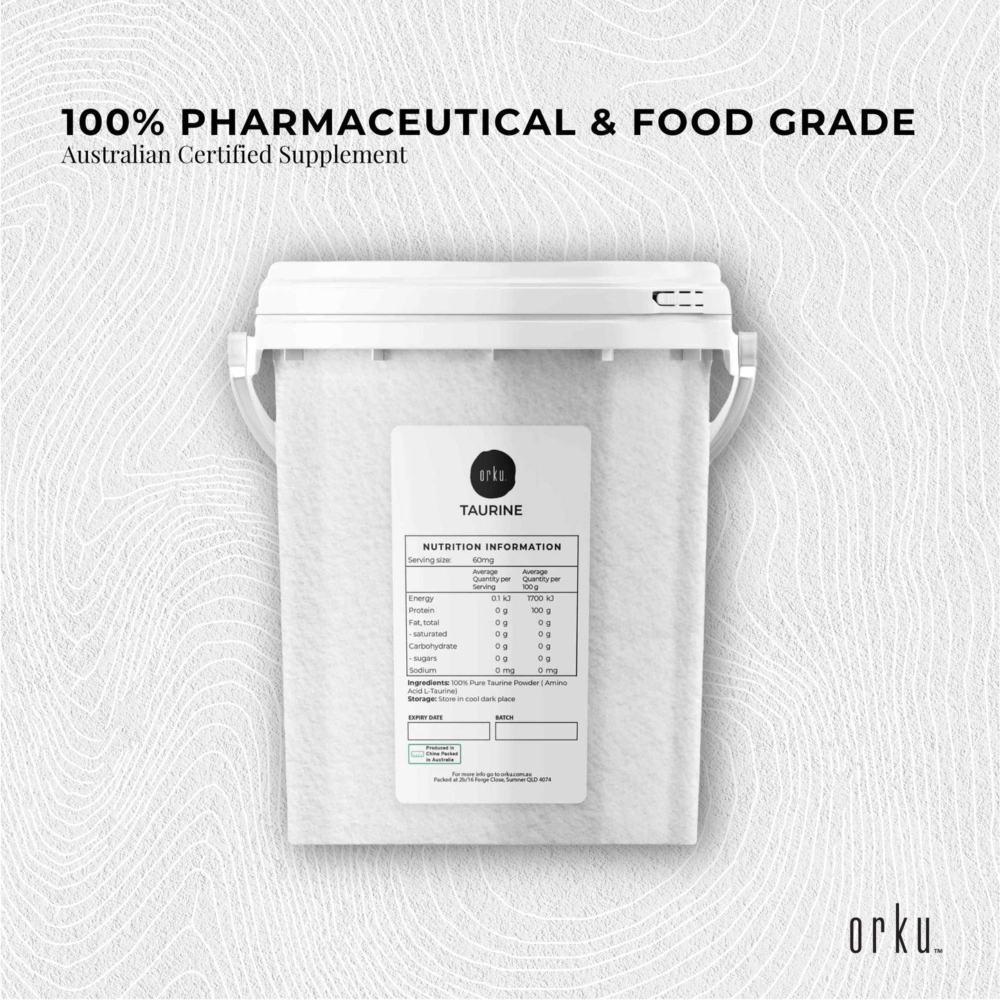 Orku Taurine Powder Tub - High Purity L-Taurine Amino Acid Ingredient Bulk