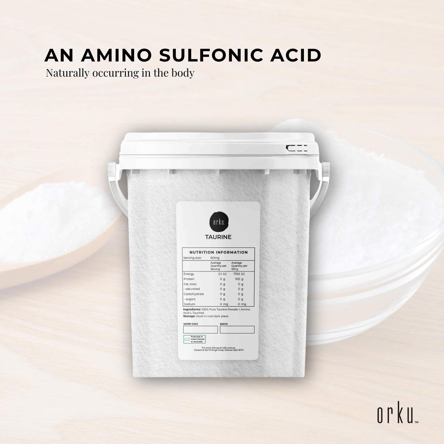 Orku Taurine Powder Tub - High Purity L-Taurine Amino Acid Ingredient Bulk