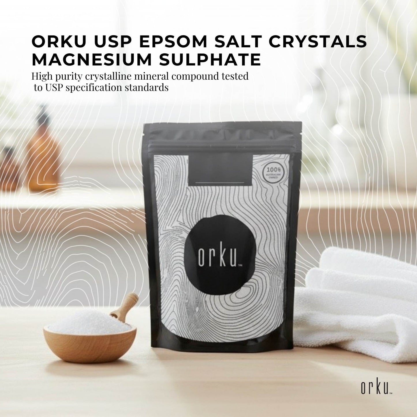 Orku 1Kg USP Epsom Salt Crystals Magnesium Sulphate - Bath Soak Salts