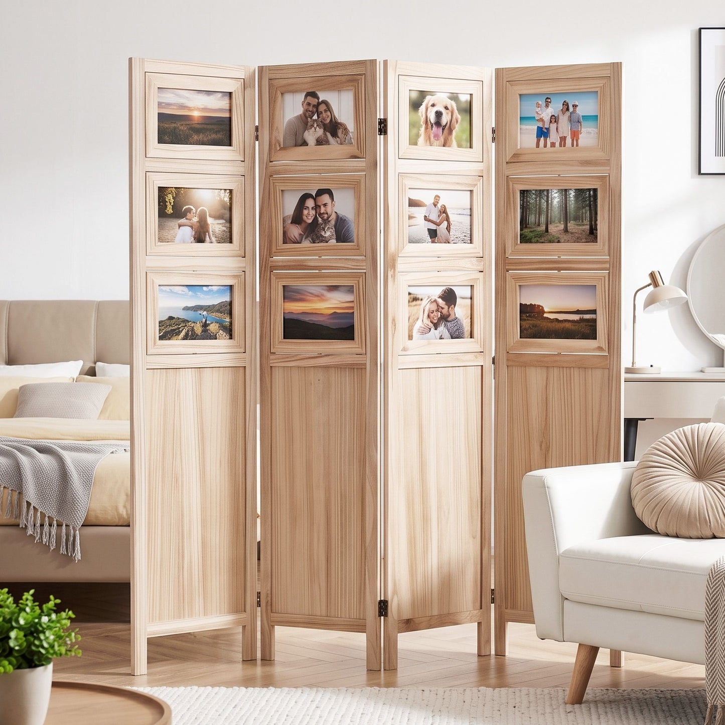 Artiss Room Divider 4 Panel Folding Privacy Screen Partition Rotatable Photo Frame Picture Collage Display Solid Wood Natural