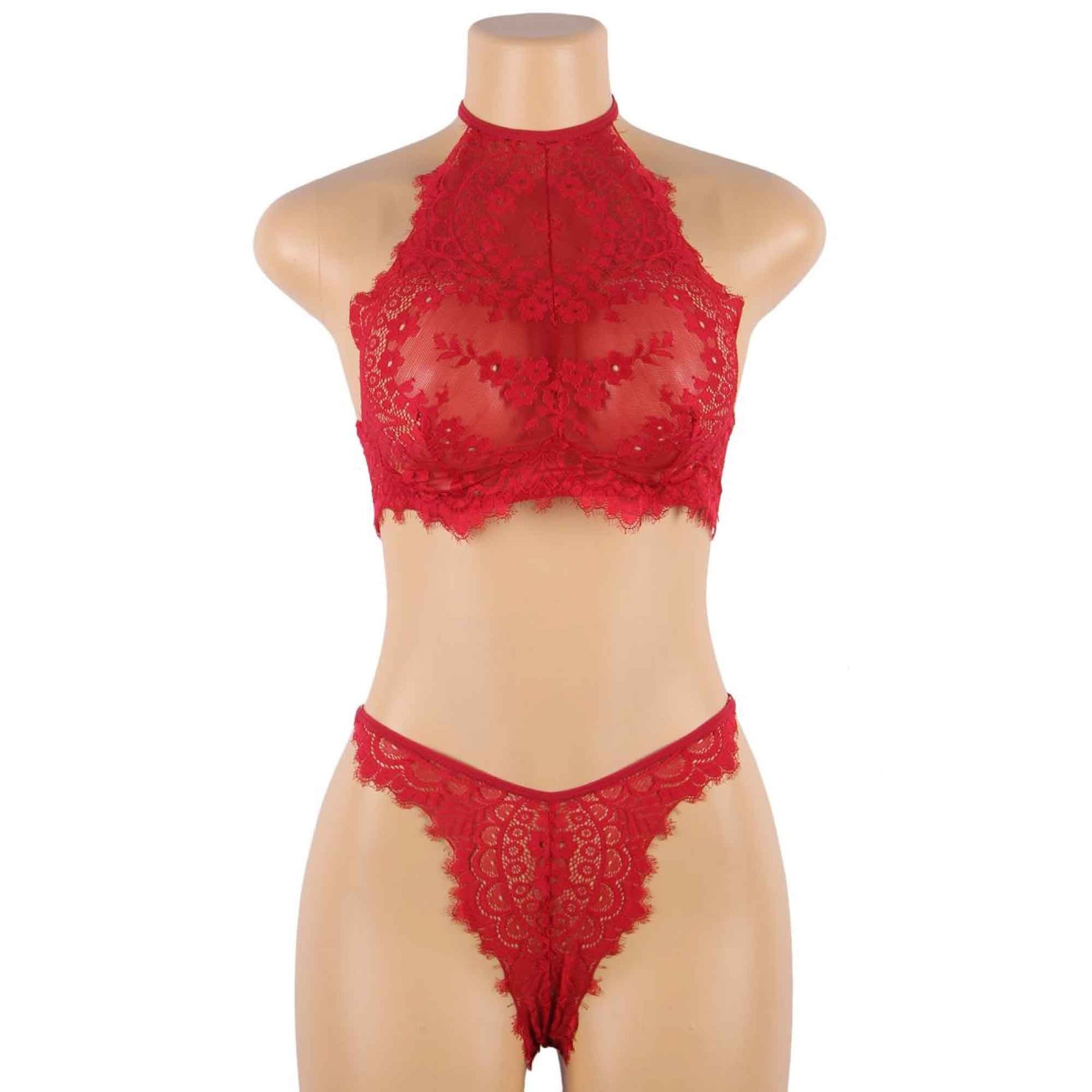 Red Lace Halter Top 2 Piece Set - Lingerie Bra Panties Sexy Underwear