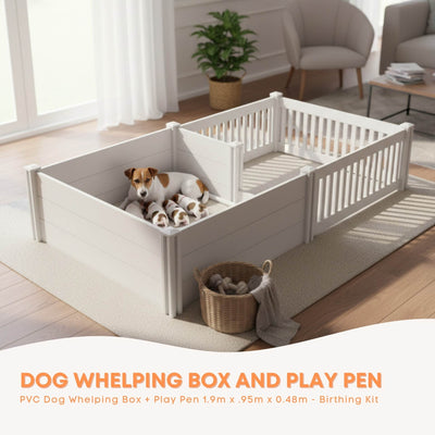 Rooster Farms 1.9m x 0.95m PVC Dog Whelping Box + Playpen Kit - Anti-Crush Rail