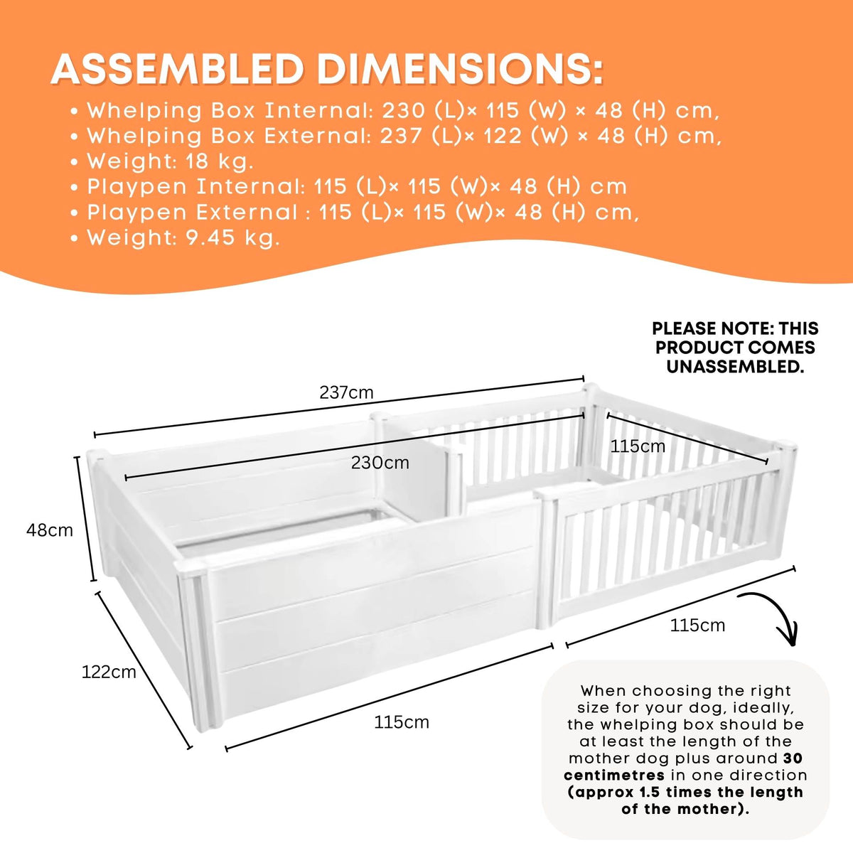 Rooster Farms 2.3m x 1.15m PVC Dog Whelping Box + Playpen Kit - Anti-Crush