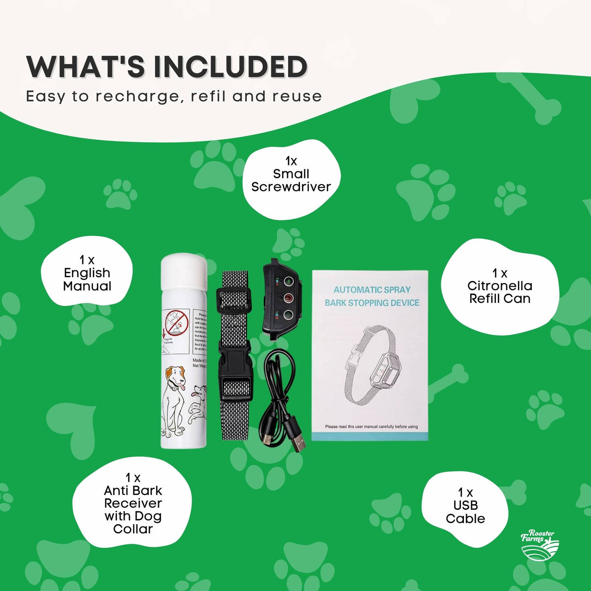 Rooster Farms Citronella Bark Collar Dog Training Sound Spray Rechargeable