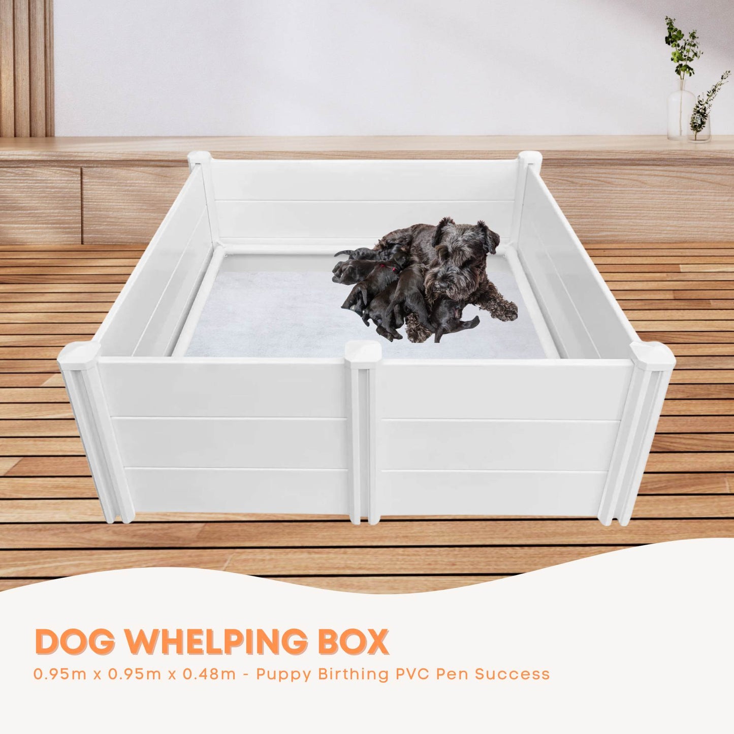 Rooster Farms Dog Whelping Box 0.95m x 0.95m x 0.48m - Puppy Birthing PVC Pen