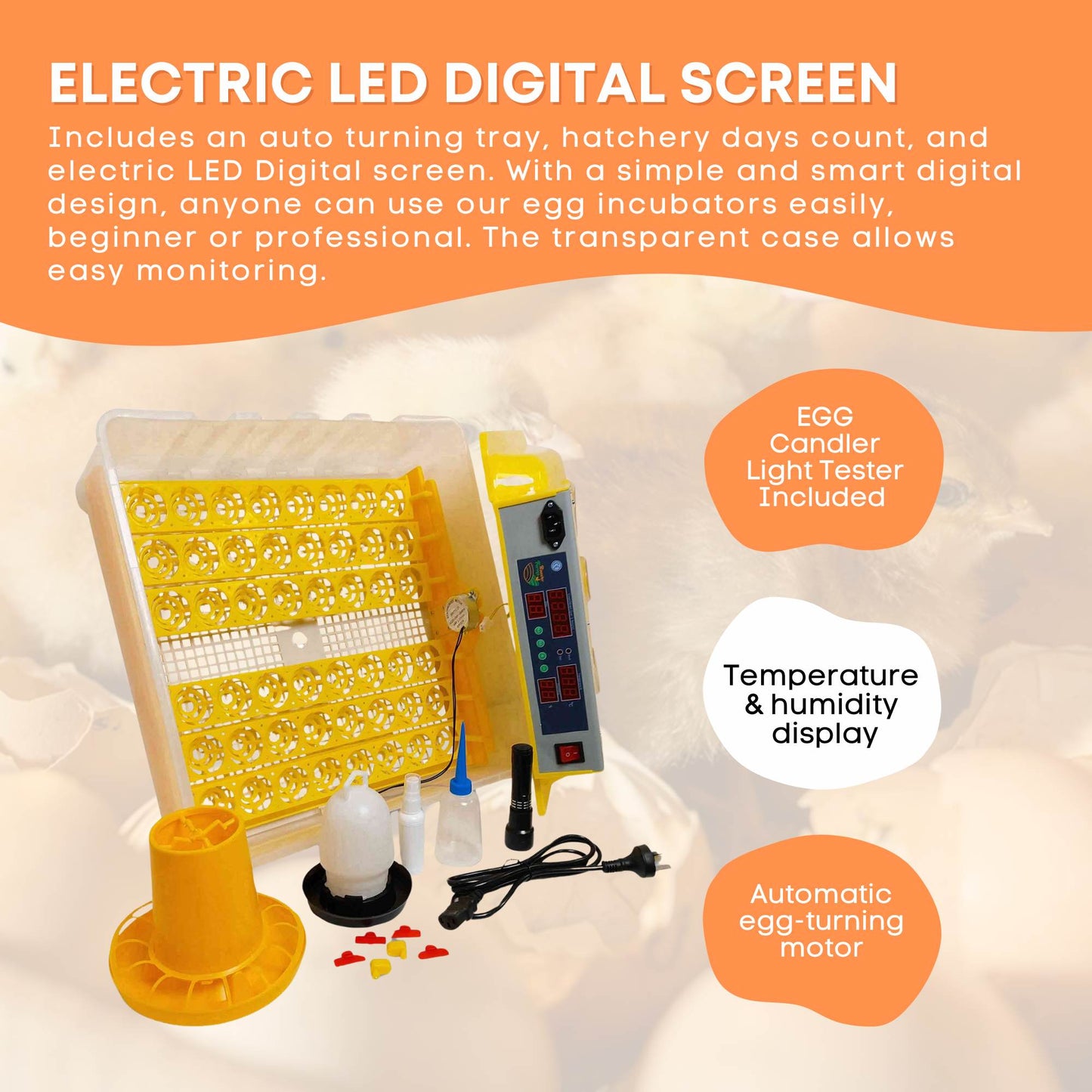 Rooster Farms Electric 48 Egg Incubator + Accessories for Chicken Quail Duck