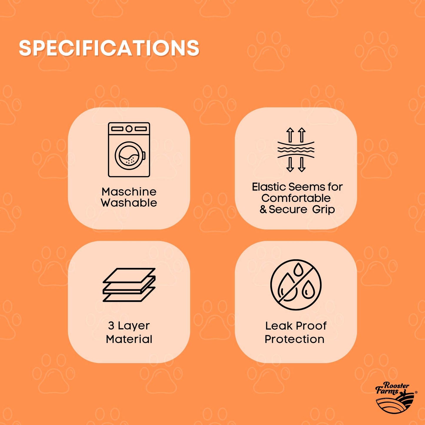 Rooster Farms Female Dog Diapers Medium 3Pk - Washable Reusable Nappy Hook/Loop