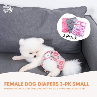 Rooster Farms Female Dog Diapers Small 3Pk - Washable Reusable Nappies Hook/Loop