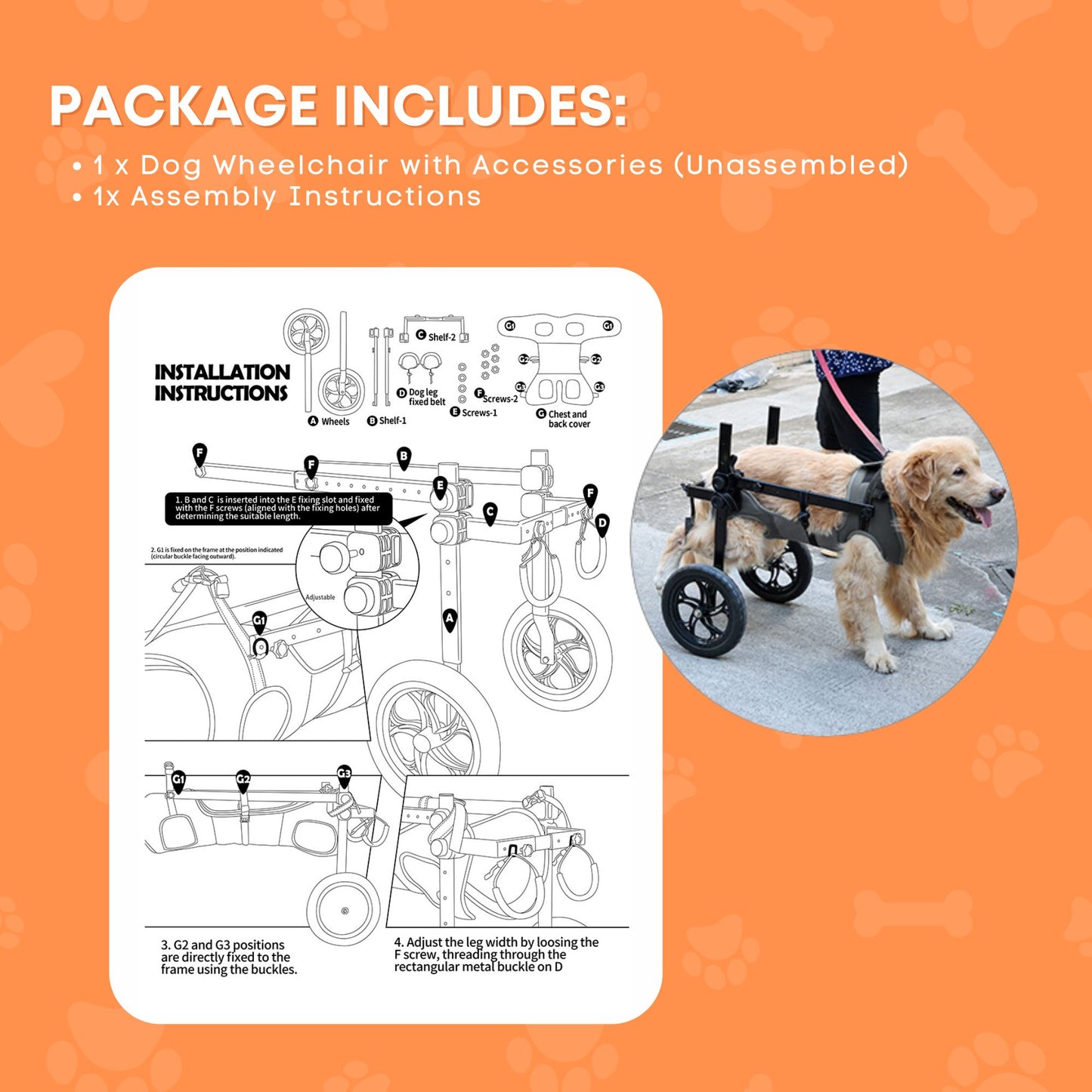 Rooster Farms Large Breed Dog Wheelchair - Adjustable Back Hind Leg Mobility Aid