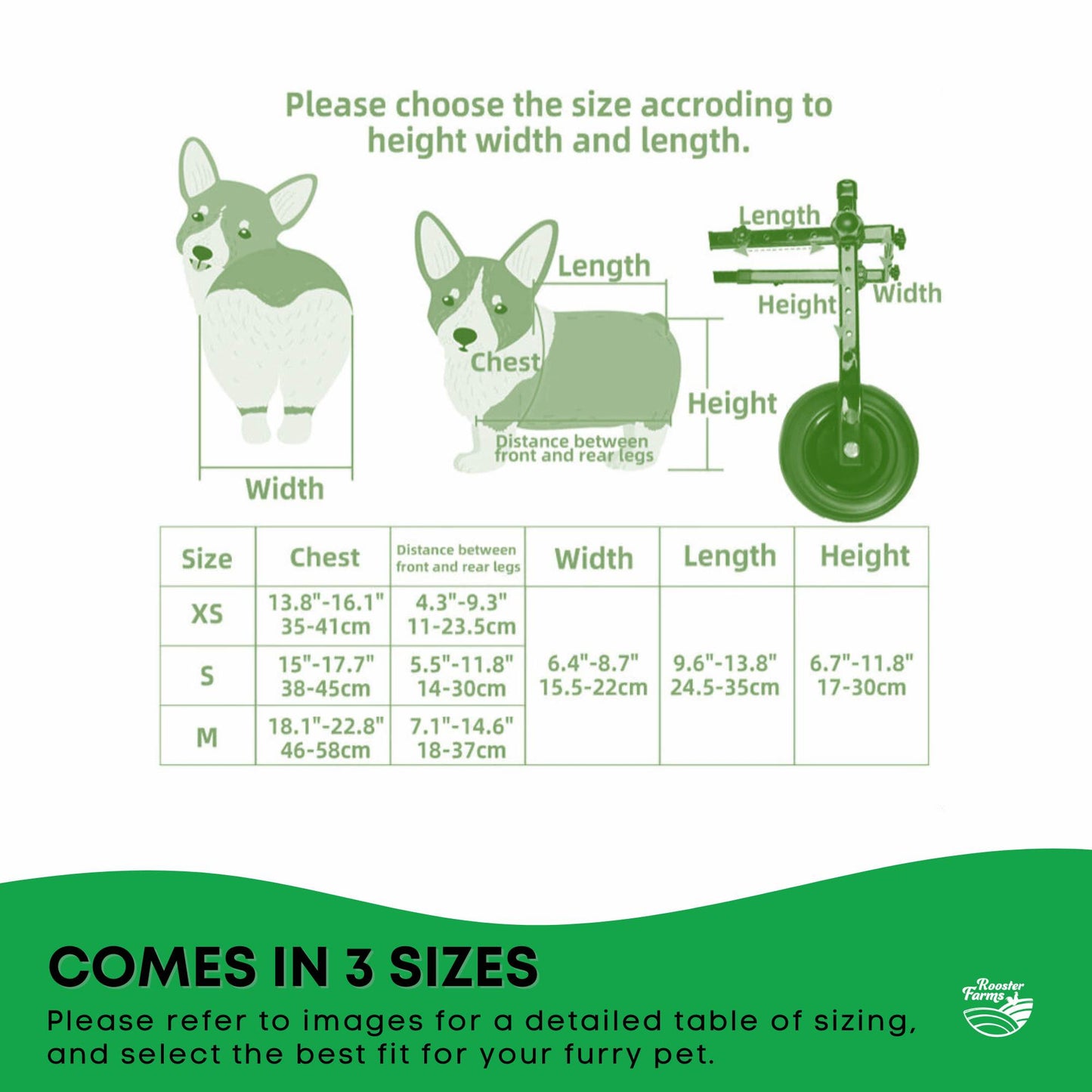 Rooster Farms Little Dog Breed Wheelchair - Back Hind Legs Adjustable Mobility Aid